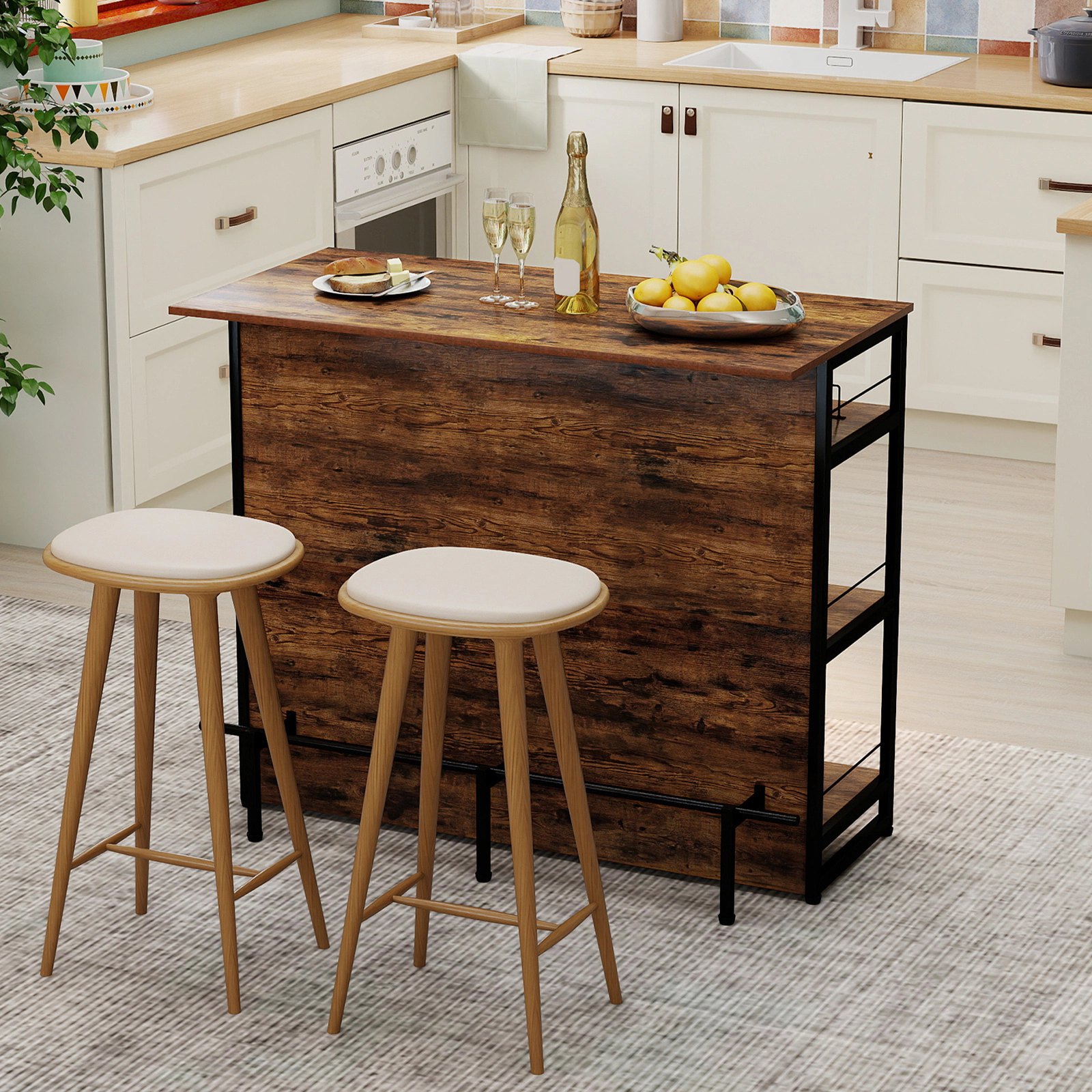 SUGIFT 4-Tier Mini Bar Kitchen Island Coffee with Full-Width Footrest and Wine Rack