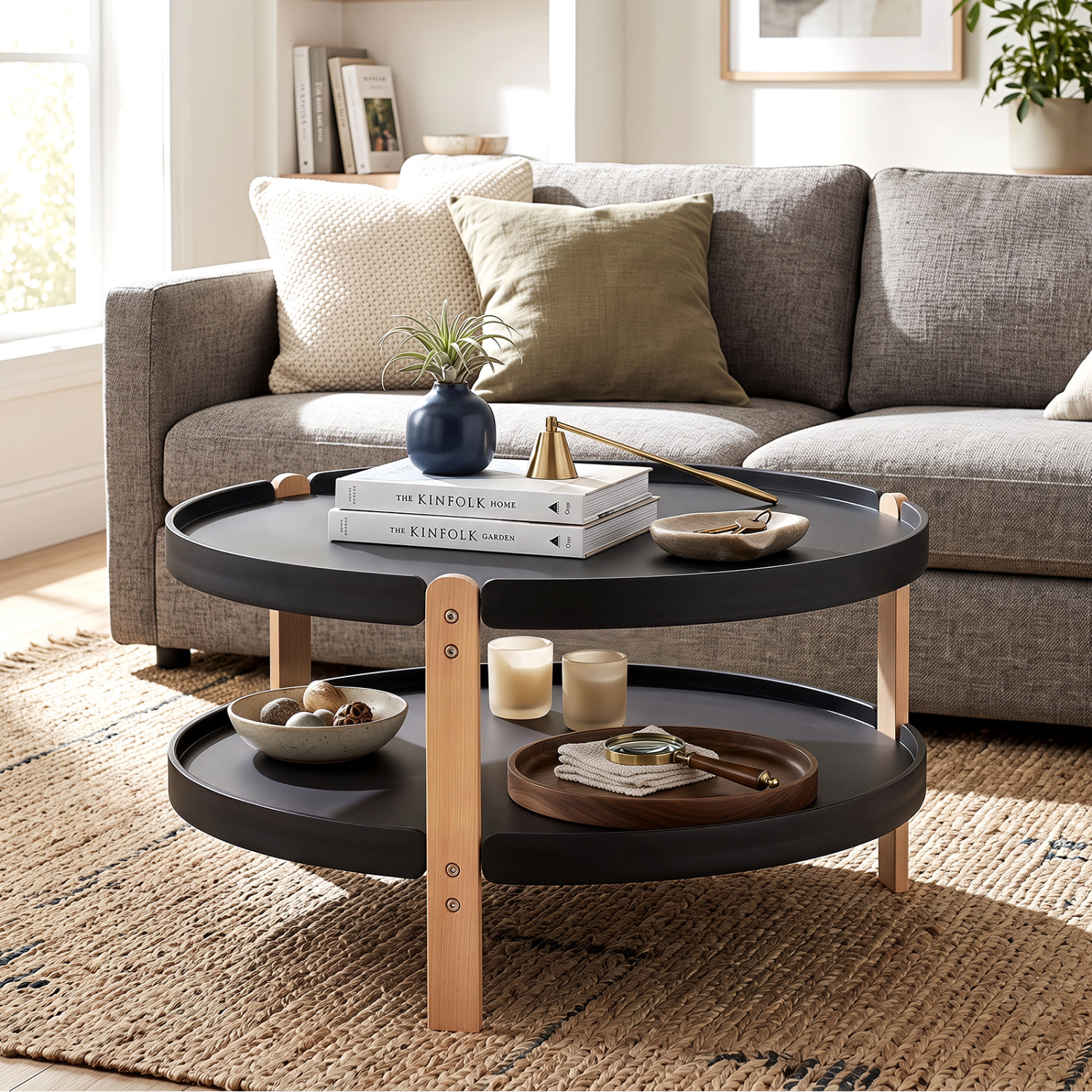 LJG 2-Tier Round Coffee Table with Open Storage Shelf and Solid Beech Wood Legs for Living Room