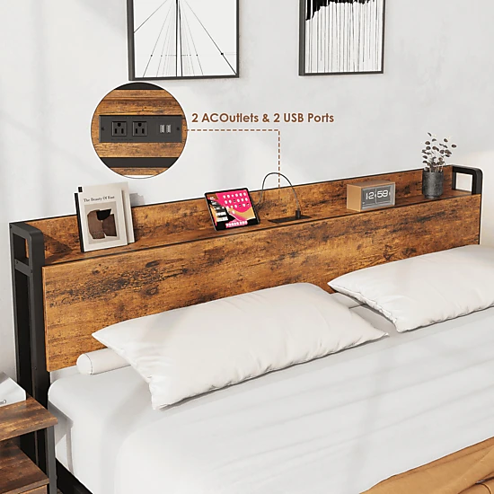 BebreezChic King Bed Frame, Storage Headboard, 2-Tier Shelf, USB Charging Station, Heavy-Duty Industrial, Rustic Brown