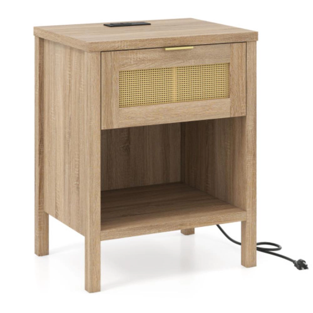 Hivvago Rattan Nightstand with Charging Station and Storage Shelf for Bedroom