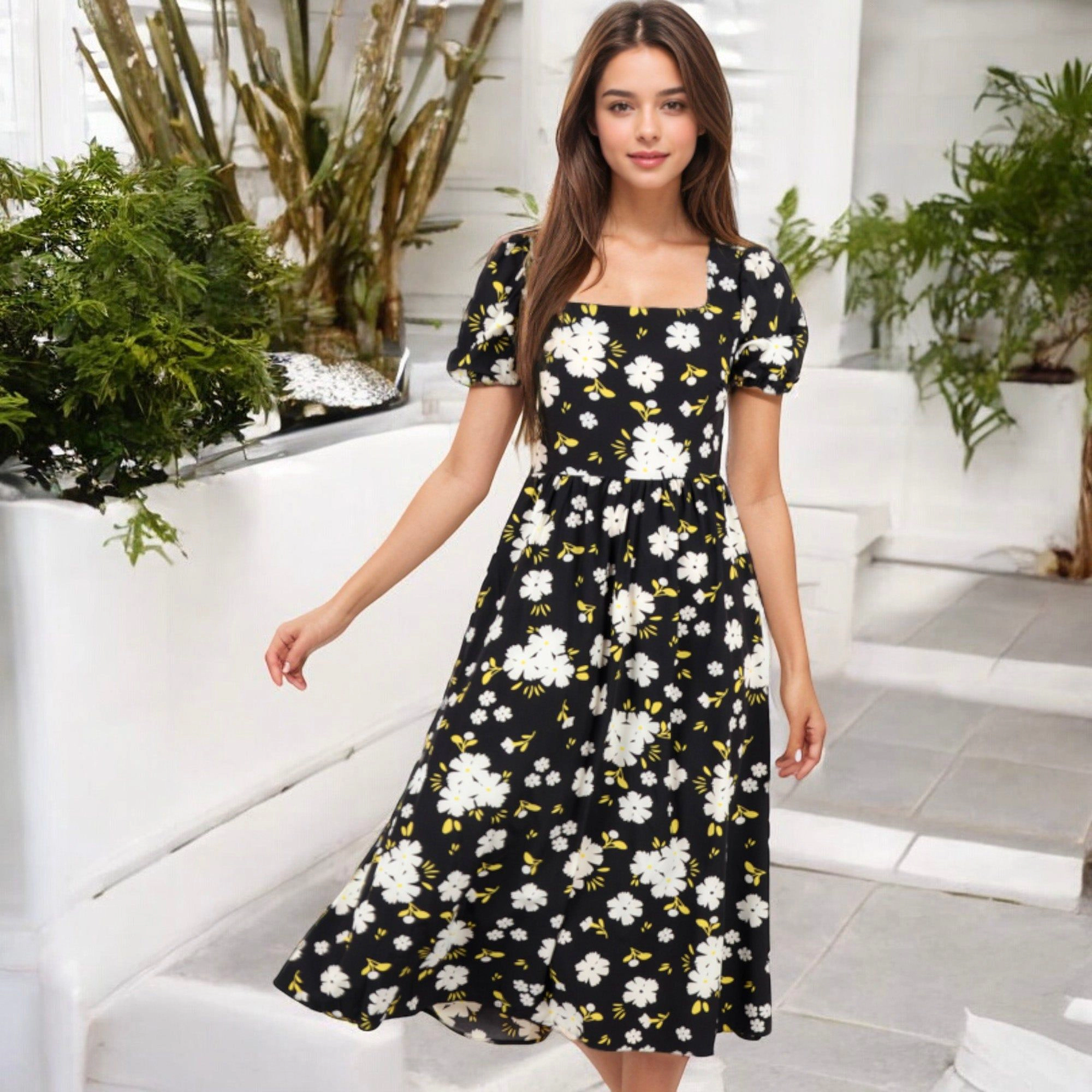 Anna-Kaci Women's Floral Square Neck Midi Dress