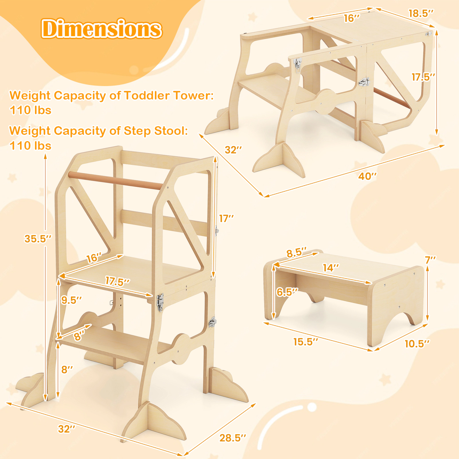 SUGIFT Multifunctional Kids Kitchen Step Stool Natural with Removable Safety Bar