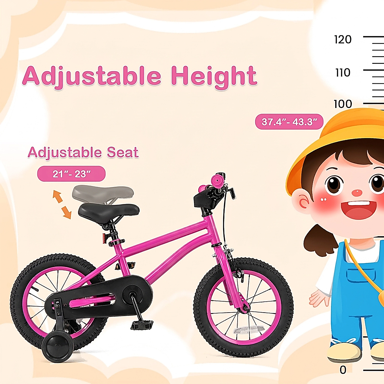 SUGIFT Adjustable 14-In Kids Bike with Dual Brakes and Removable Training Wheels 145-lb Seat Capacity Ages 3-5 Pink