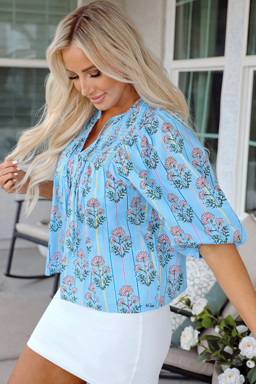 Threaded Pear Women's Kinley Floral Shirred Yoke Split Neck Blouse