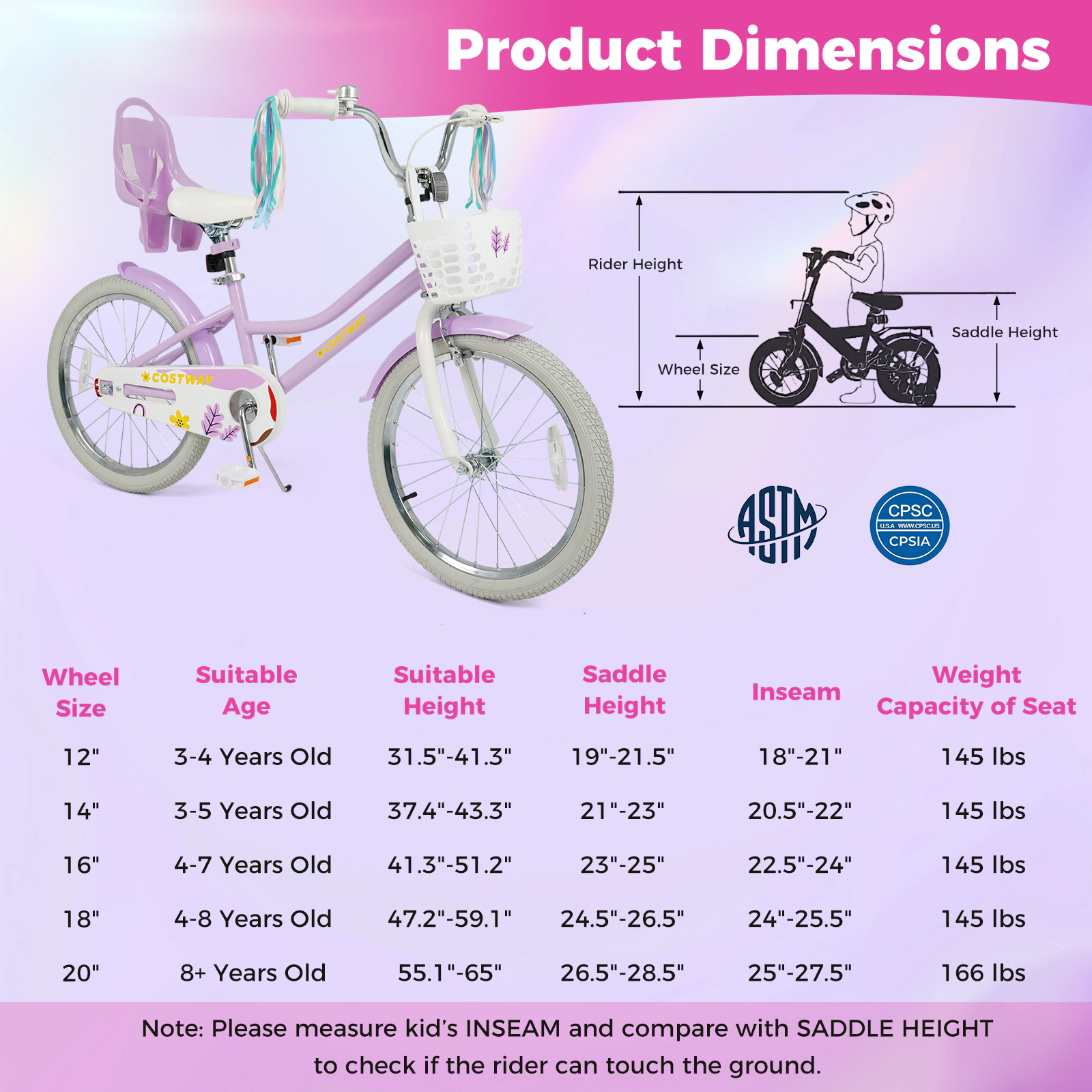 LJG Girls Bike Kids Bicycle with Doll Seat and Streamers