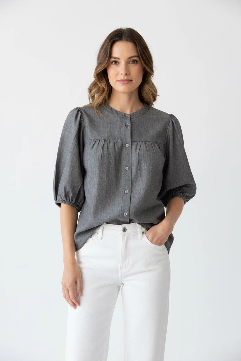DressAtR Women's Gray Denim Three Fourth Sleeve Button Front Blouse