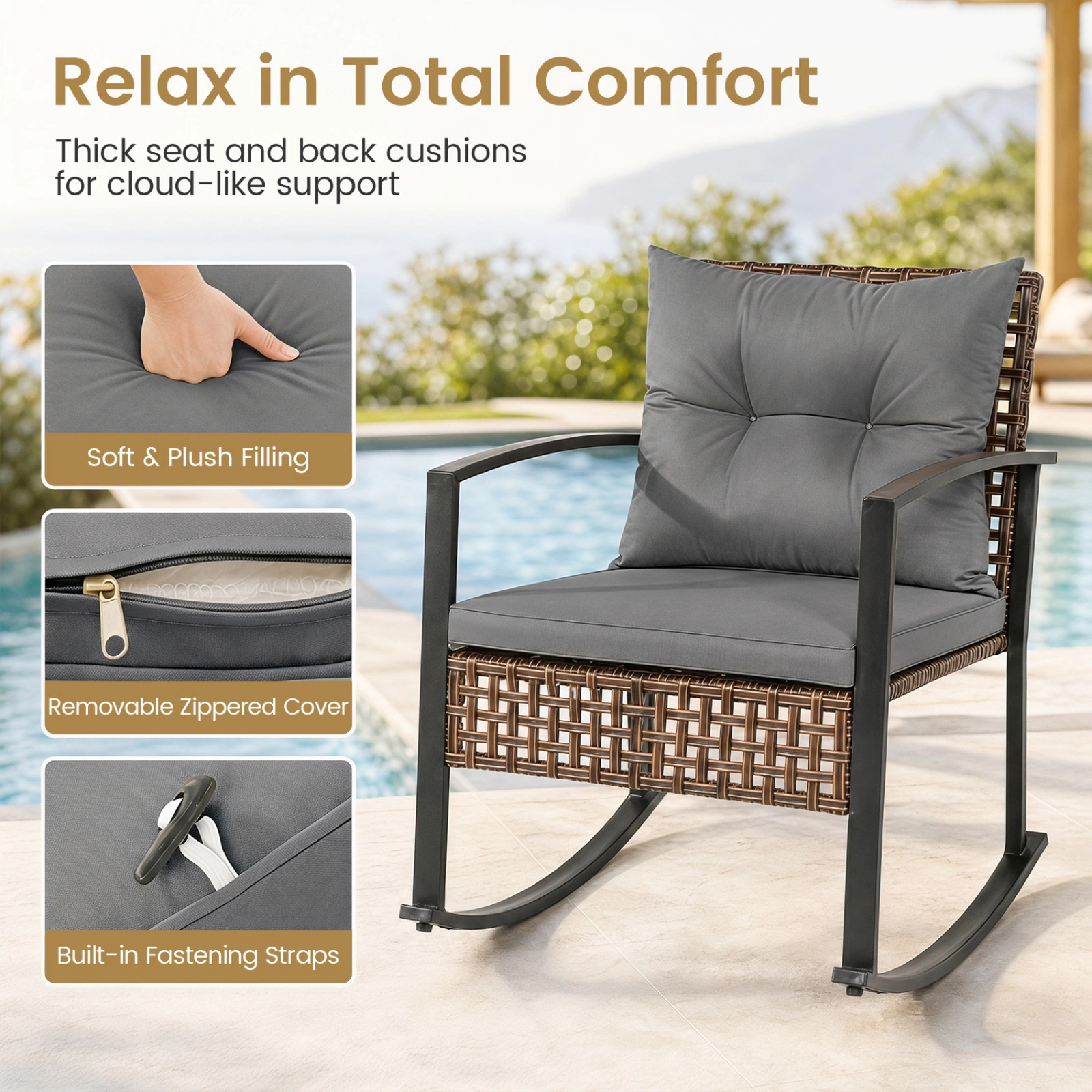 SUGIFT Outdoor Rocking Chair and Coffee Table Patio Dining Set 400-lb Chair Capacity Mixed Brown with Gray Cushions