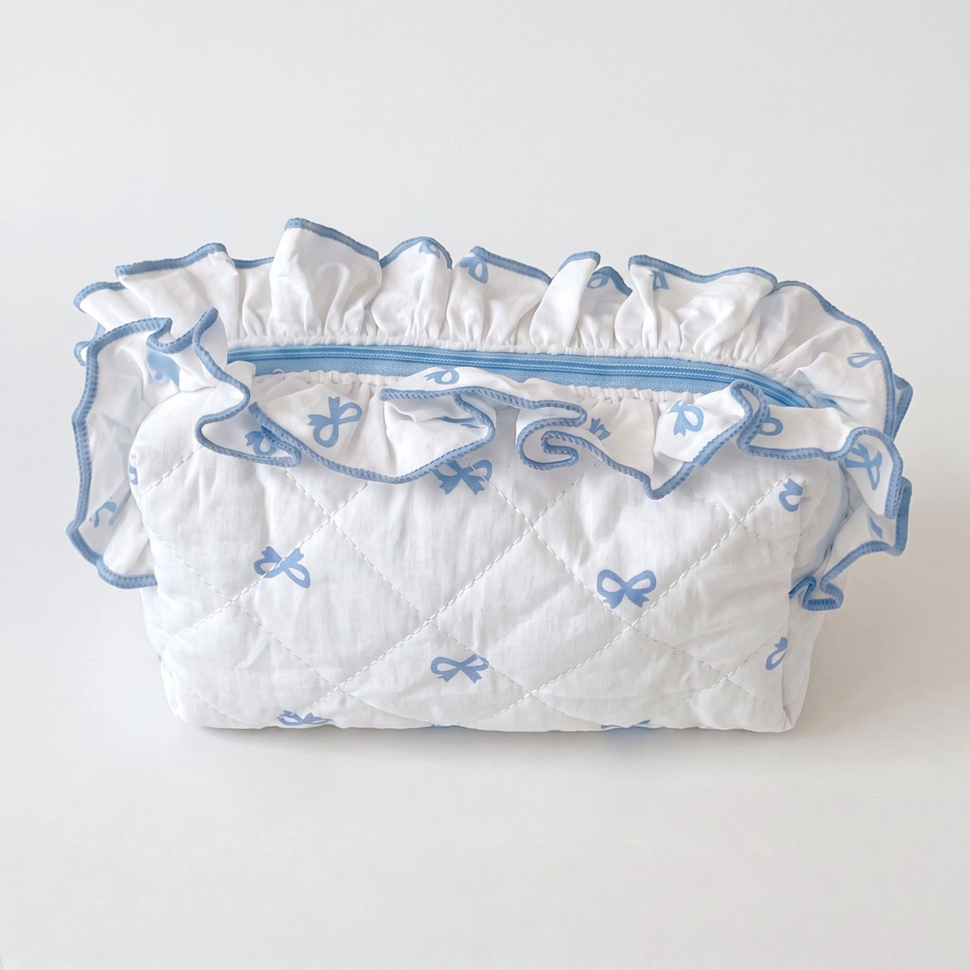 Alilang Unisex Quilted Bow Print Cosmetic Bag with Ruffle Trim