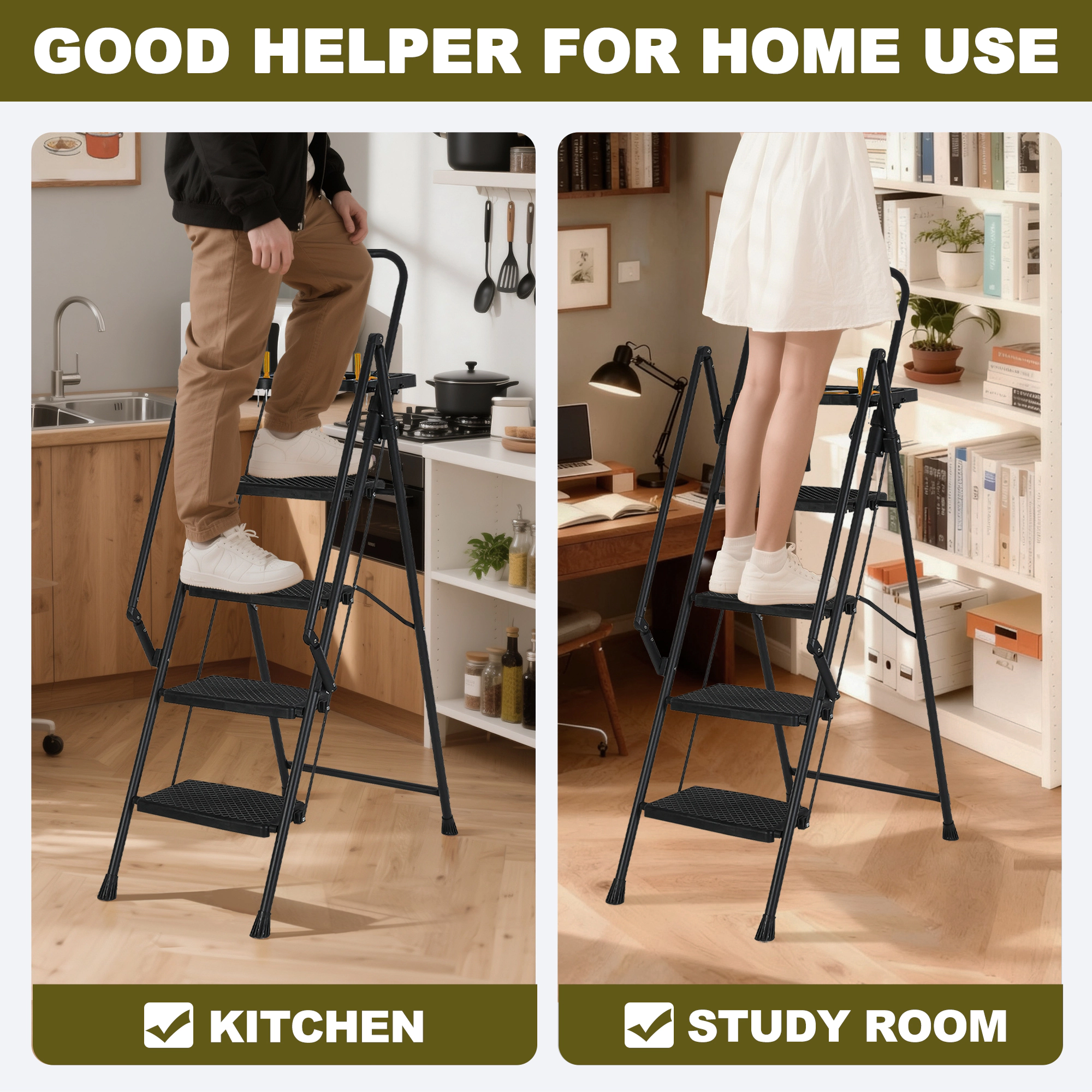 Flynama 4 Step Ladder- 500lb Capacity Steel Foldable Step Stool (Black)