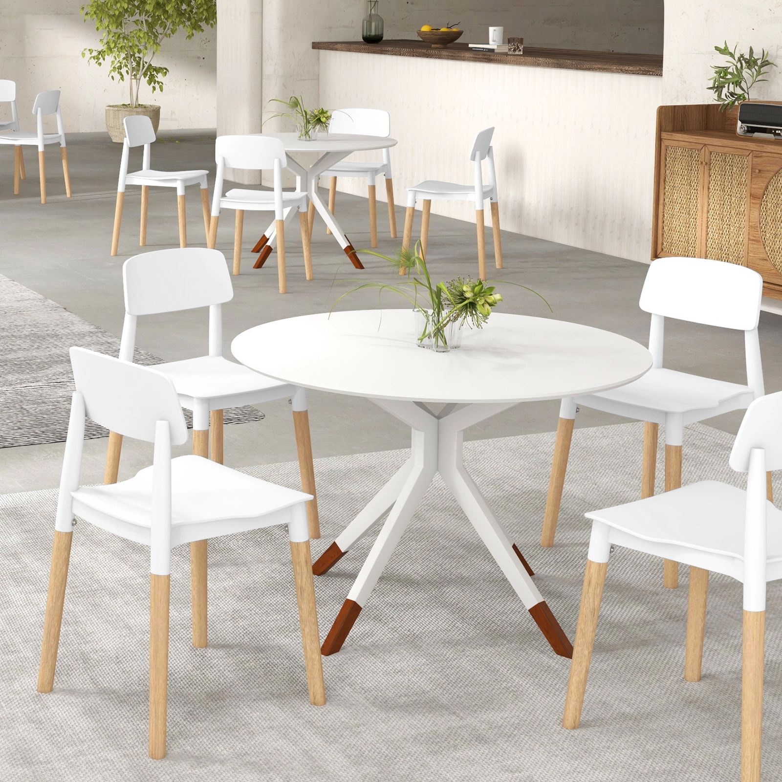 SUGIFT White Modern Ergonomic Backrest Beech Wood Legs Set of 4 Dining Side Chairs