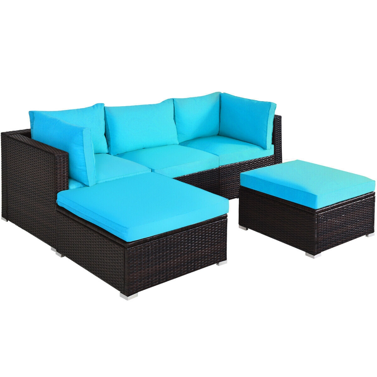 LJG 5 Pieces Patio Rattan Sectional Conversation Ottoman Furniture Set