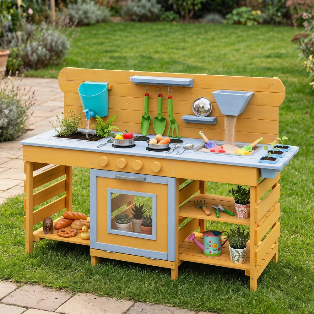 Hivvago Kids Wooden Mud Kitchen with 2 Sinks and 4 Stoves
