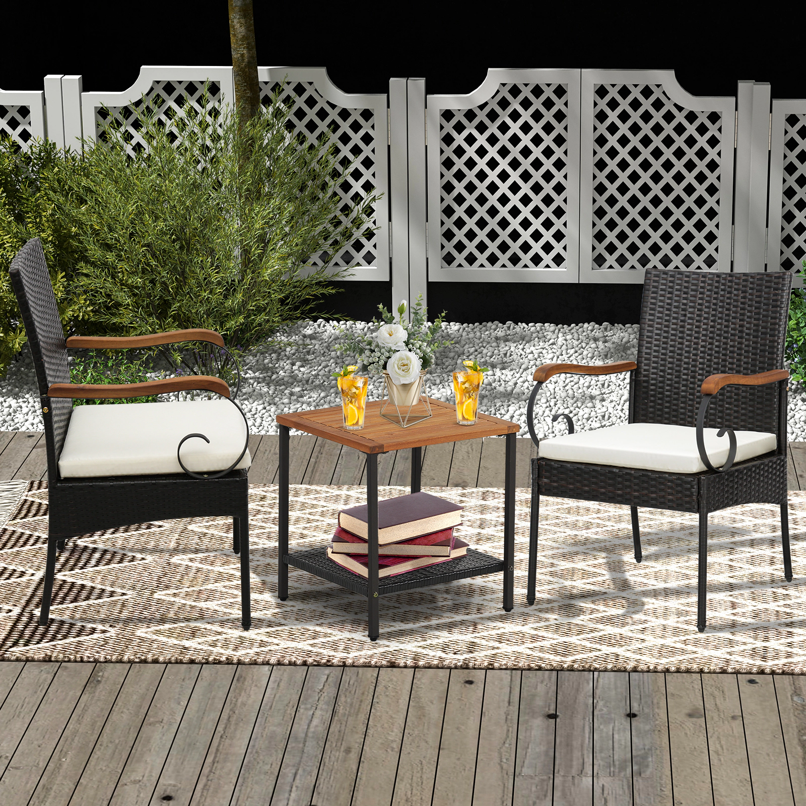 LJG Set of 2/4 Outdoor PE Wicker Chair with Acacia Wood Armrests