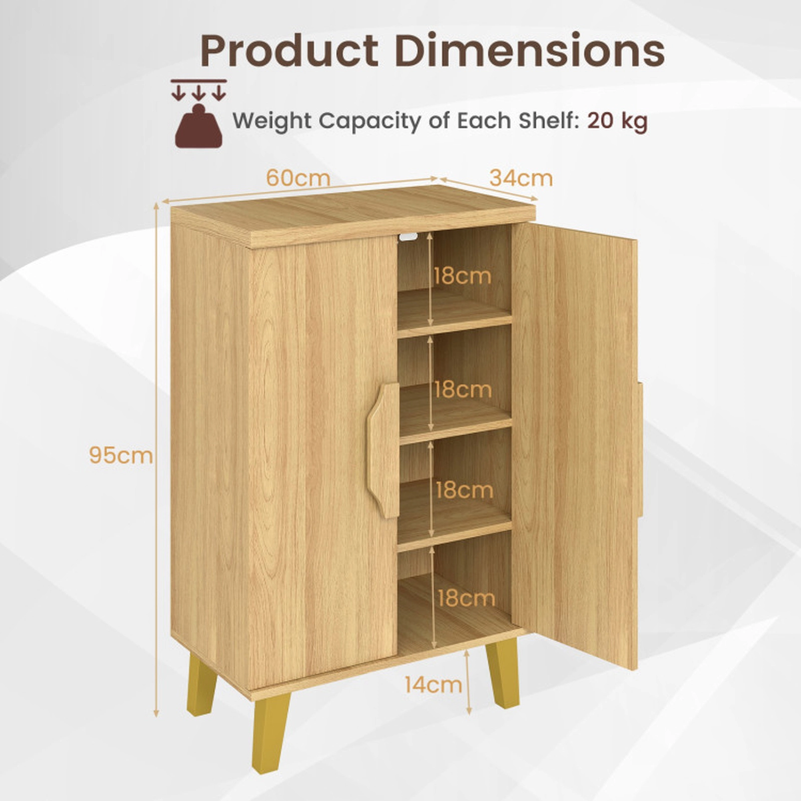 SUGIFT 23.5-in 45-lb Shelf 37.5-in Tall Natural Buffet Cabinet with Double Doors Removable Shelves and Raised Legs