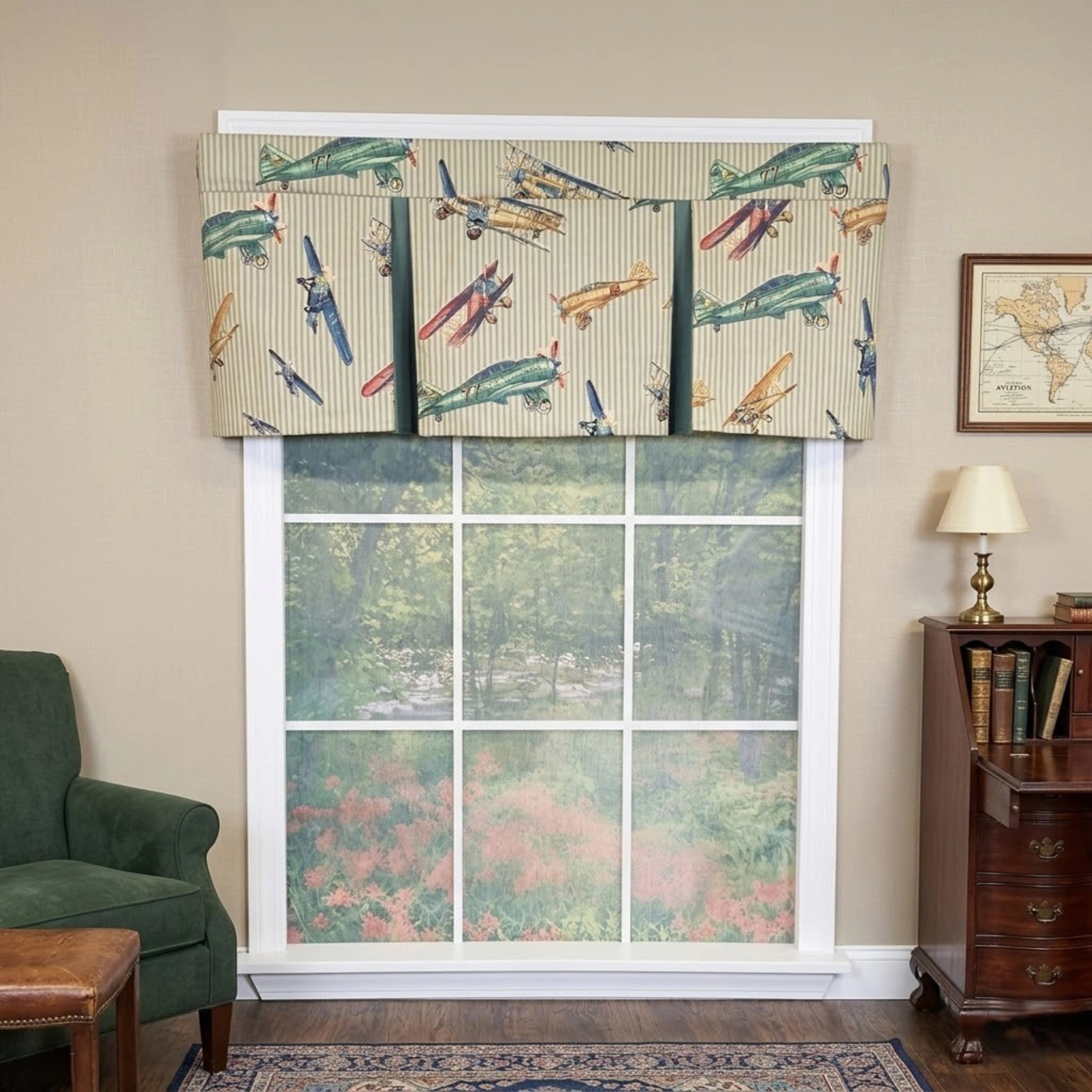 RLF Home Air Show Pleated Window Valance 100% Cotton Rod Pocket 50" x 17" Multi