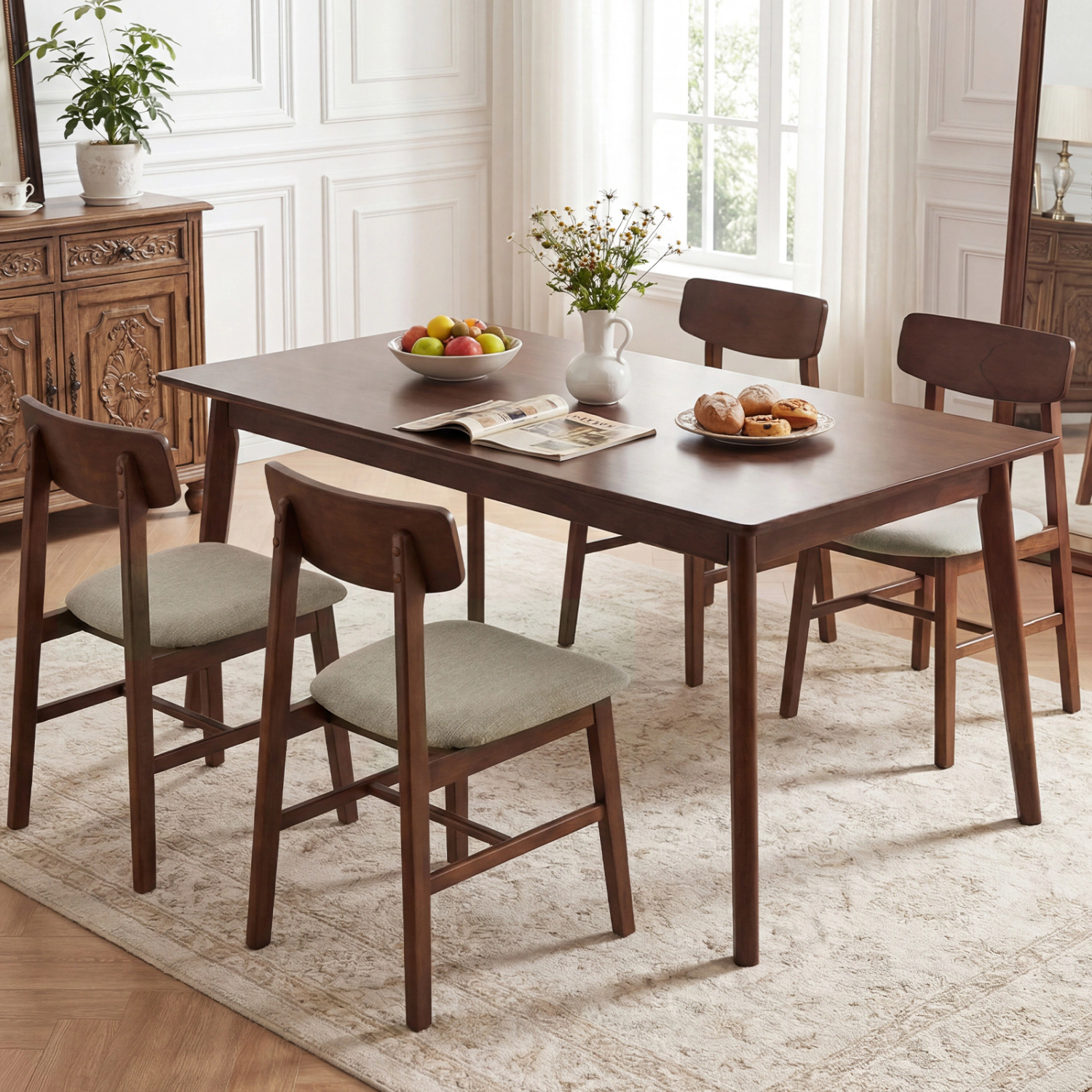 LJG Solid Rubber Wood Dining Chairs Set of 4 with Curved Backrest
