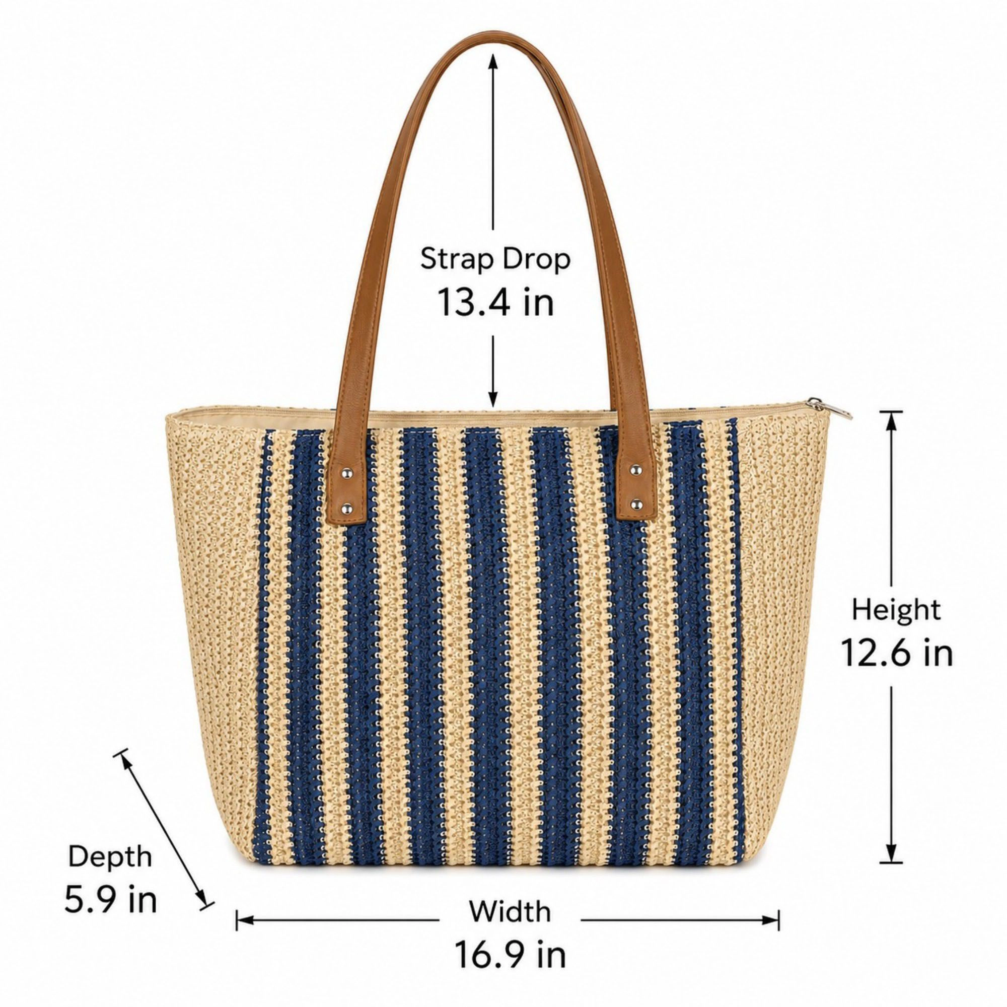Alilang Women's Crochet Look Striped Tote Bag with Faux Leather Shoulder Straps
