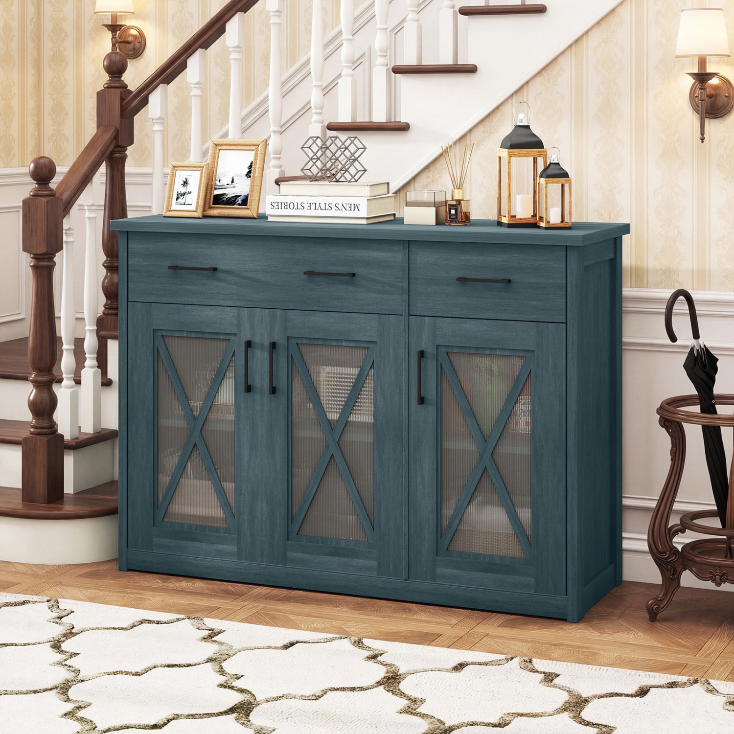 SUGIFT Farmhouse Buffet Sideboard 3-Door Kitchen Storage Cabinet with 2 Drawers 232-lb Total Capacity Turquoise/Brown