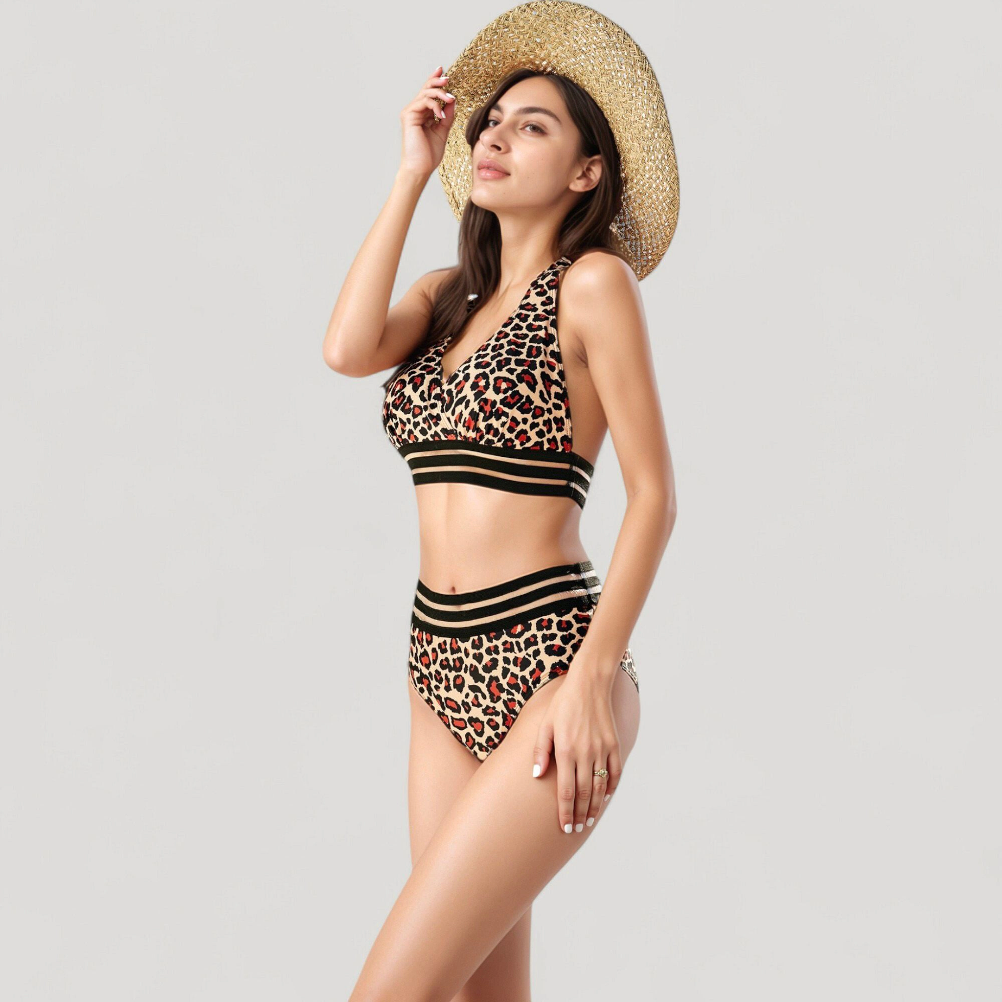 Anna-Kaci Women's Leopard Print Bikini Set with Striped Elastic Halter Top and High Waist Bottoms for a Sporty Wild Look