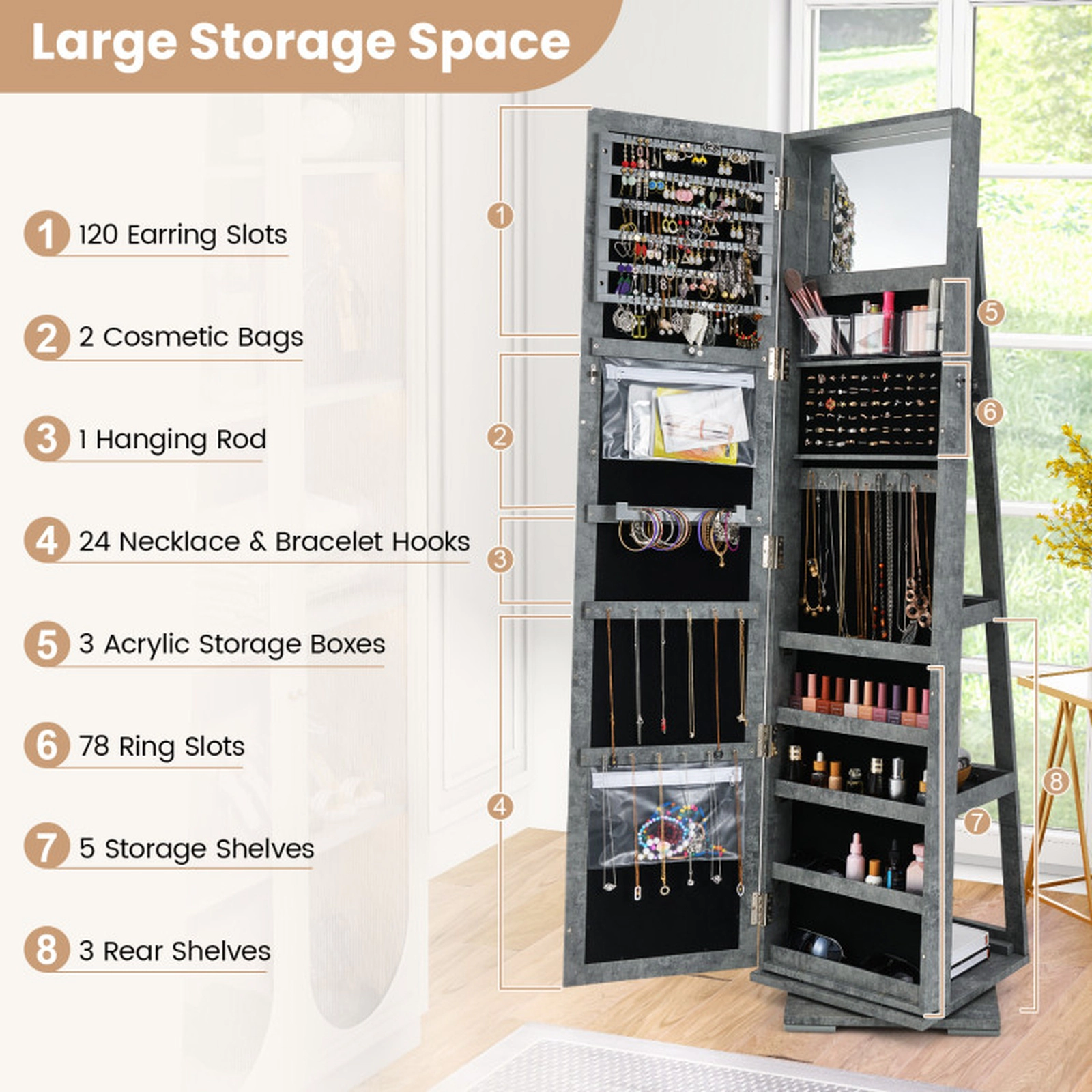 SUGIFT 360° Rotatable 2-in-1 Lockable Jewelry Cabinet Full-Length 11 x 57 in Mirror 63.5-in Tall 48-lb Net Weight Green