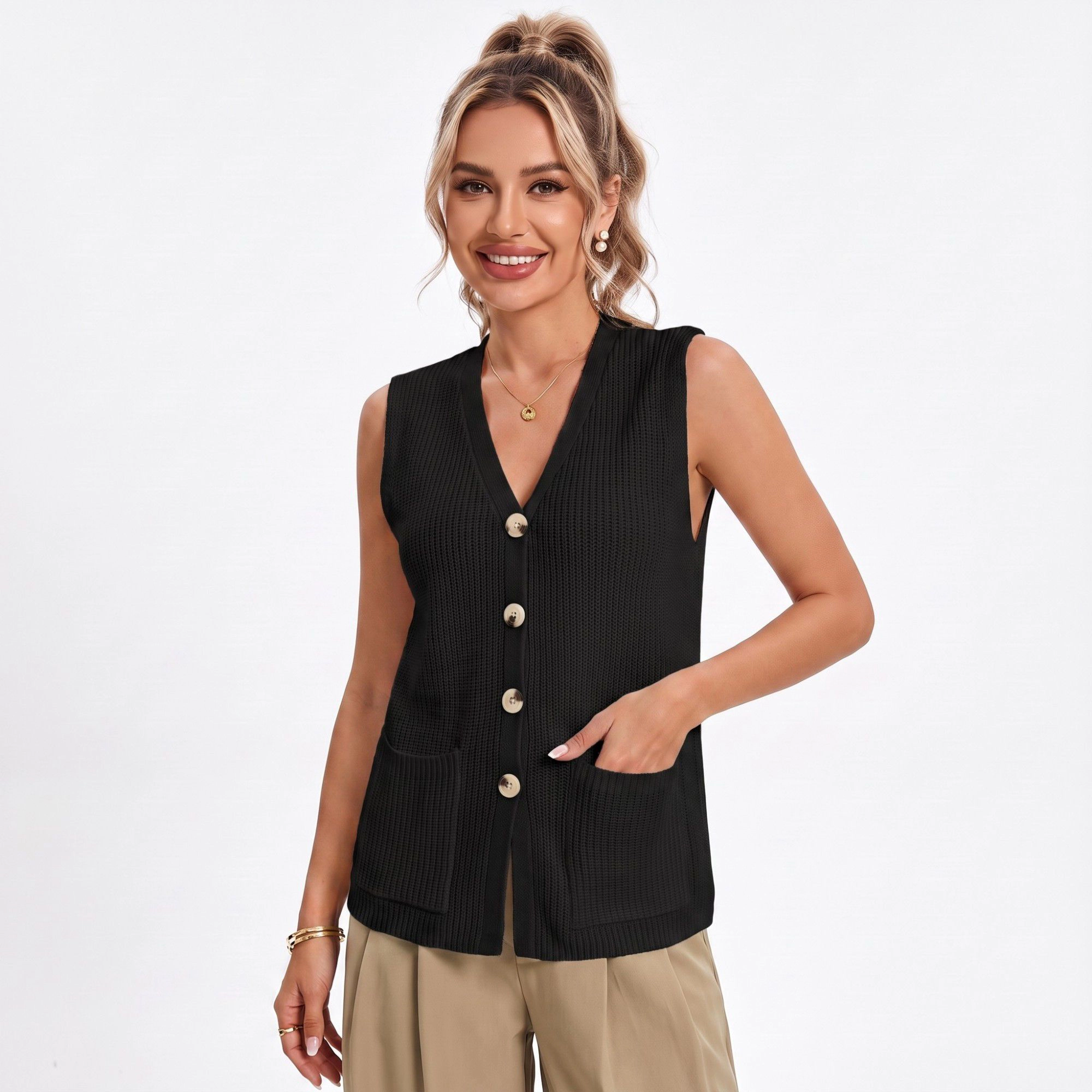 Anna-Kaci Women's Button Front Sweater Vest V Neck Sleeveless Knit Pocket Top