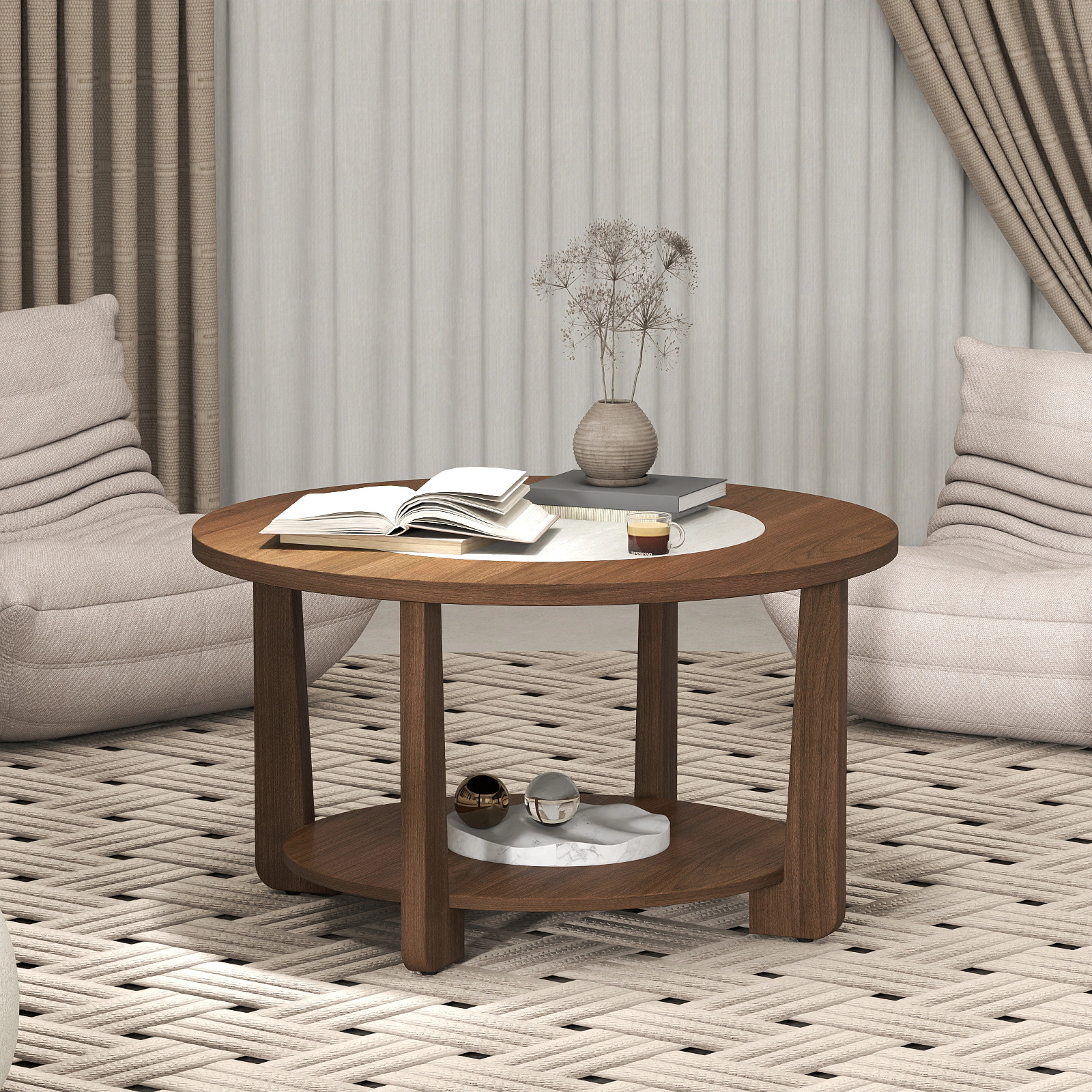 LJG Farmhouse Accent Round Coffee Table with 2-Tone Tabletop and Open Storage Shelf for Living Room