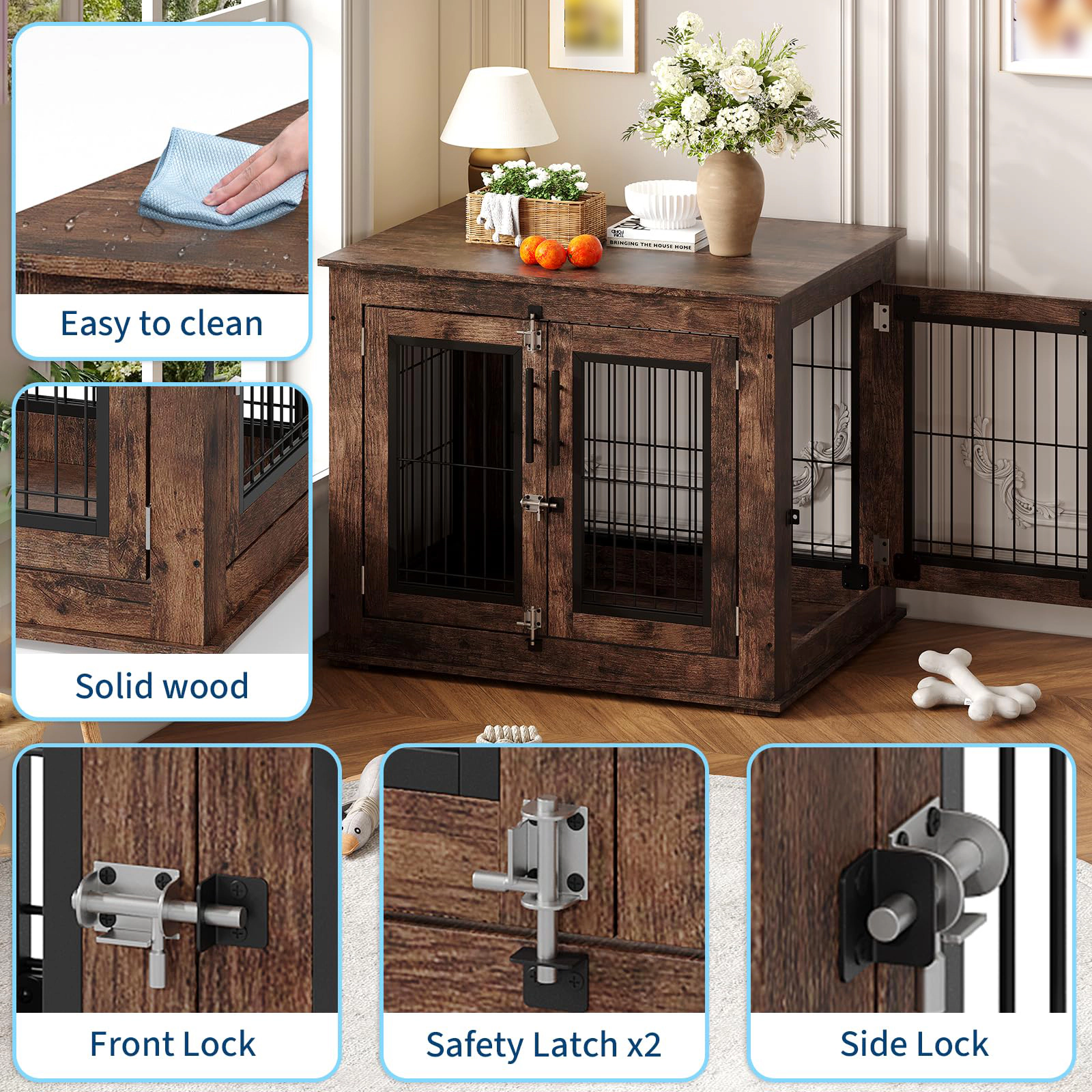 31.5" Wooden Dog Crate Furniture, Heavy Duty Chew-Resistant Indoor Kennel, Decorative End Table for Small/Medium Dogs