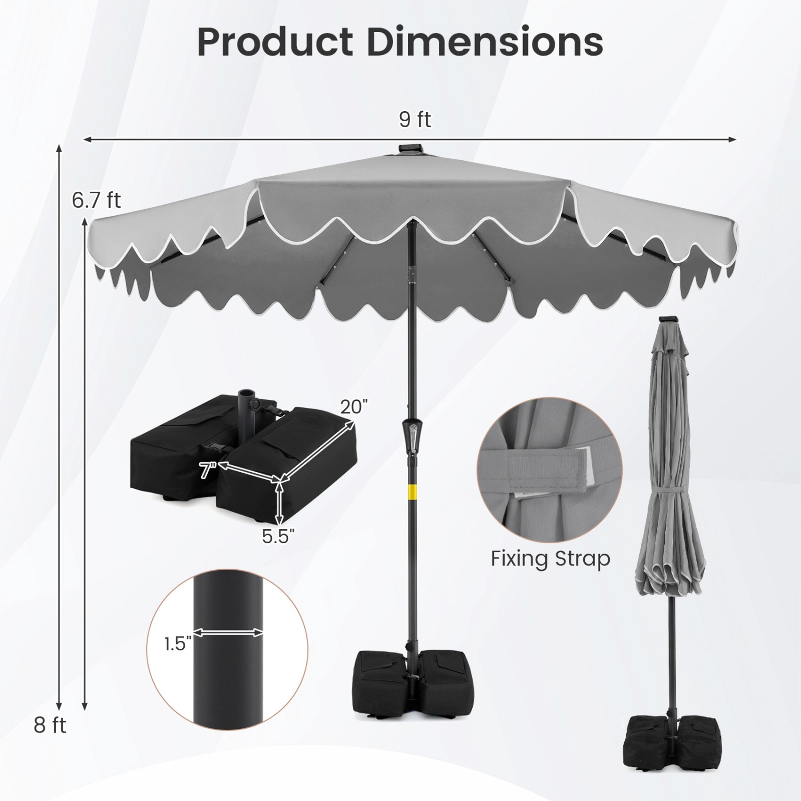 SUGIFT 9-ft Gray Solar LED Patio Umbrella with Crank Lift, Manual Tilt and 2 Sandbags