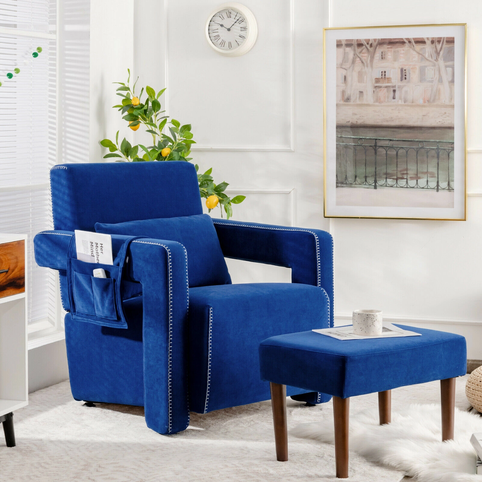 SUGIFT Berber Fleece Accent Chair and Ottoman Set, Deep Sapphire Blue