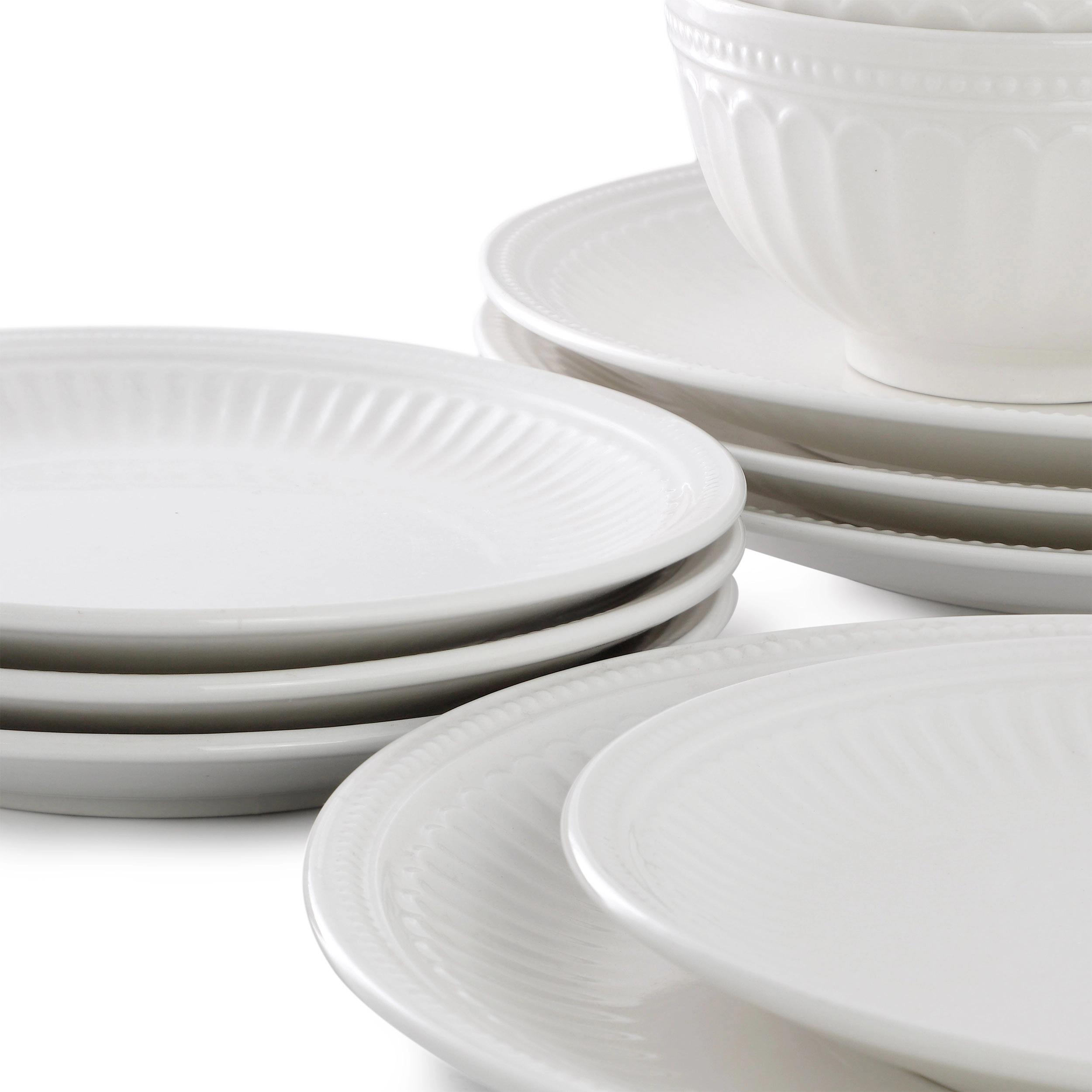 Elama Finley 18 Piece Embossed Arch Stoneware Dinnerware Set in White