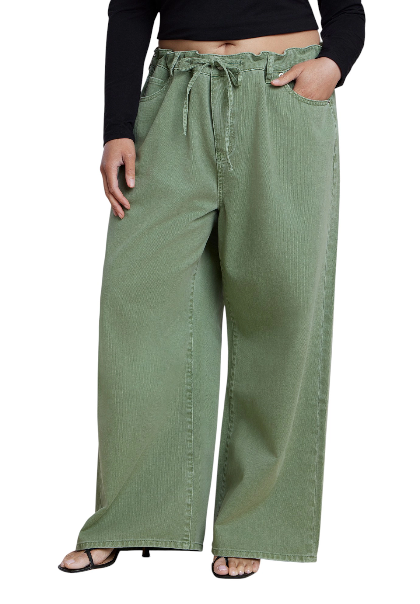 ELOQUII Women's Plus Drawstring Waist Lightweight Wide-Leg Jean