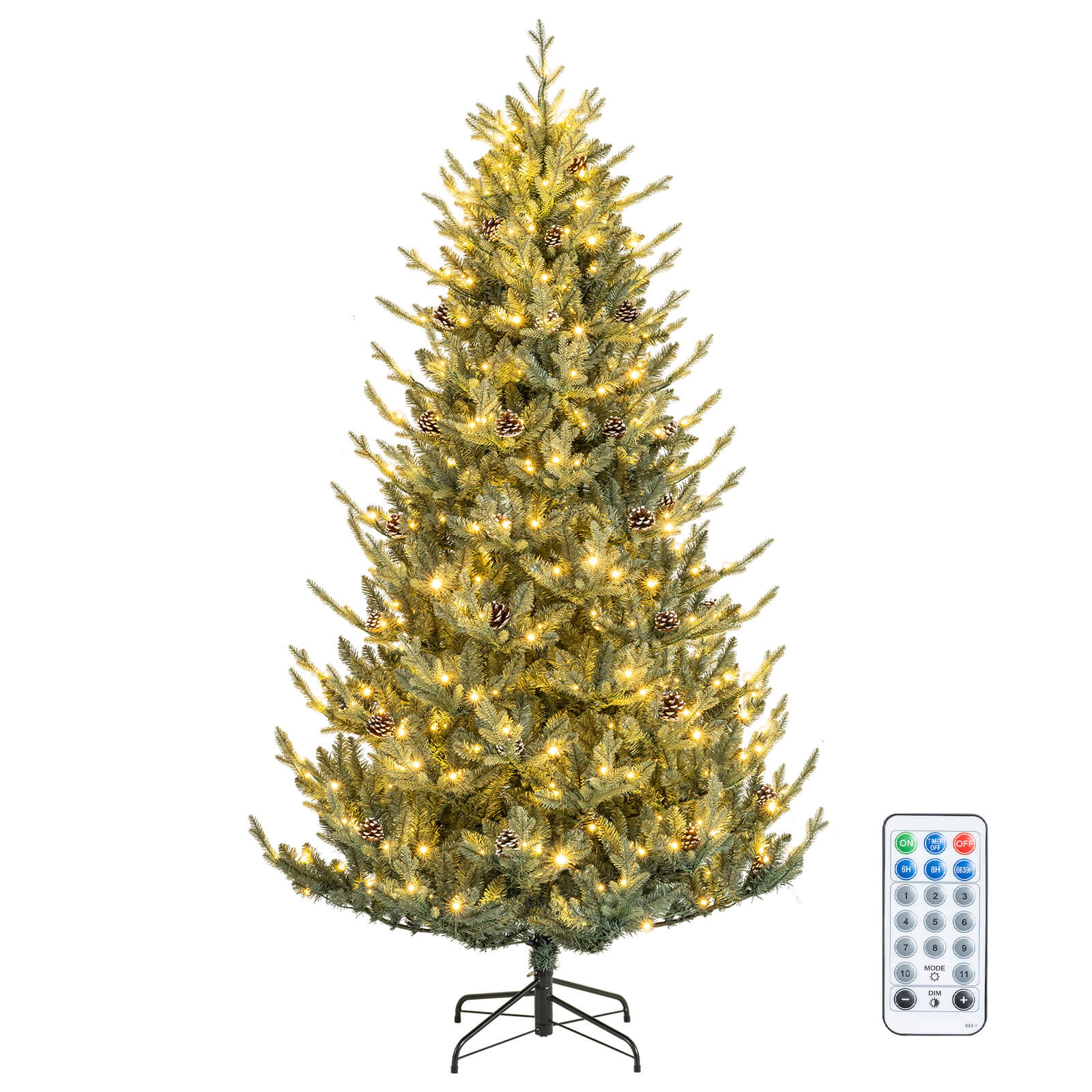 Costway 7.5 FT Artificial Christmas Tree with 1306 Branch Tips 500 LED Lights 48 Pine Cones