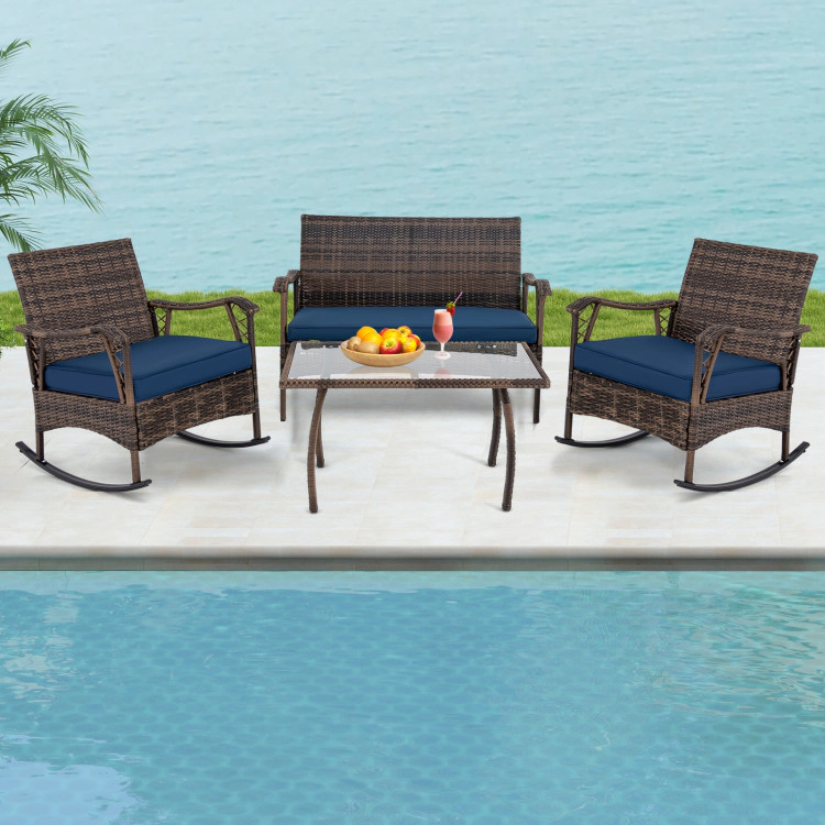 Hivvago 4 Pieces Wicker Rocking Set With Bungee Rope Seat For Porch Yard-Navy