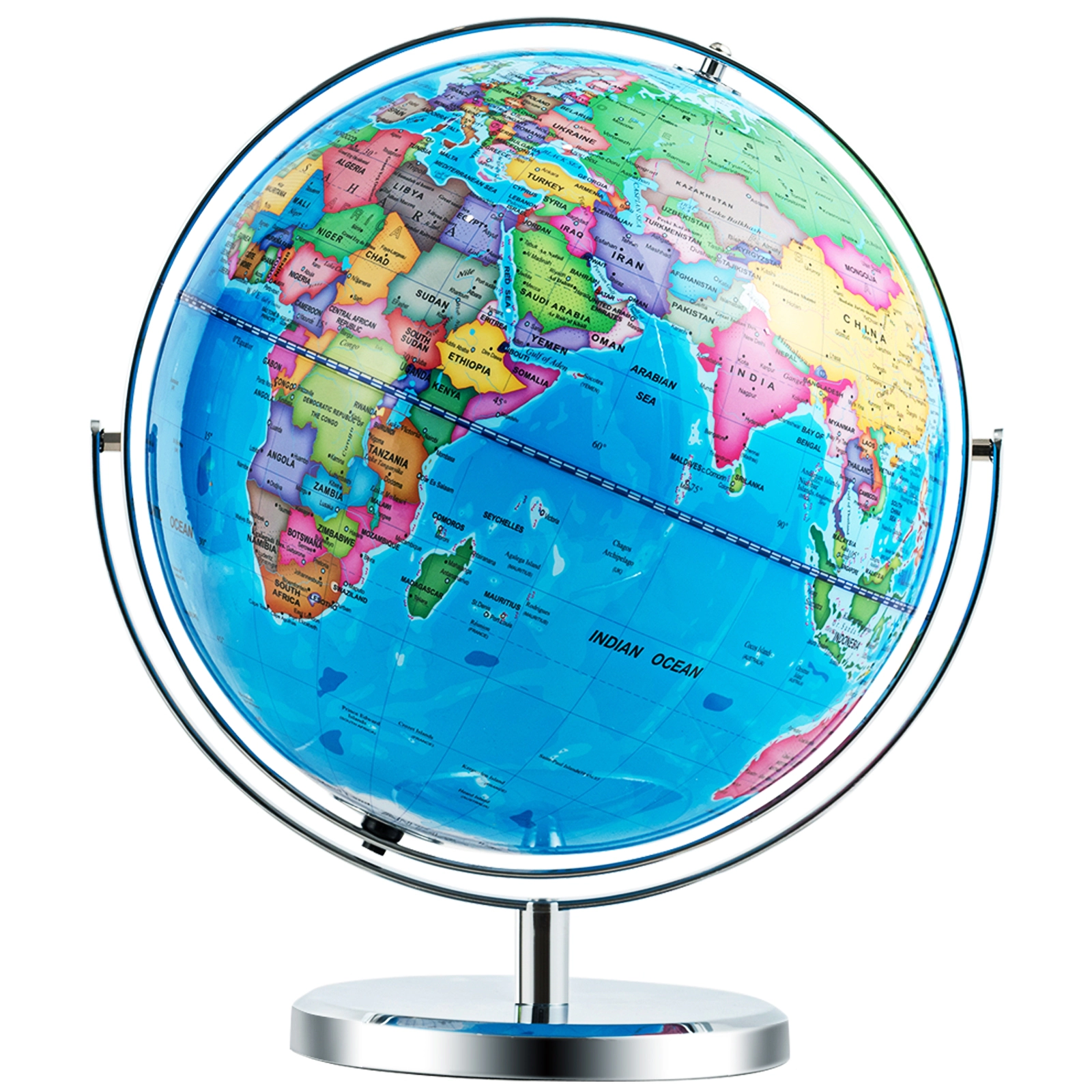 SUGIFT Kids 720-Degree Rotating LED Light Chrome Base World Globe 13-in Diameter 16-in Height 2.51-lb Net Weight Blue