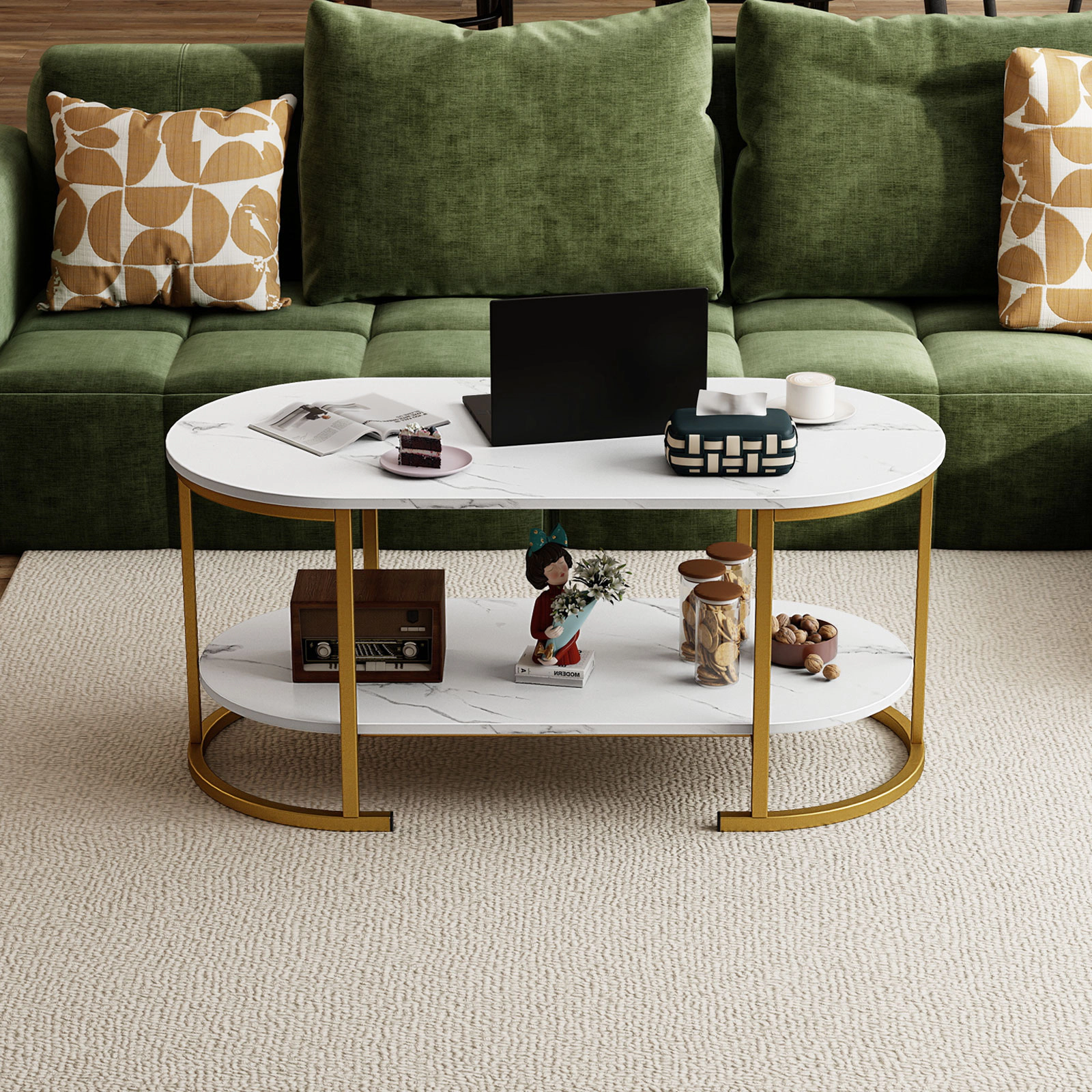 Glintex 2-Tier 39.5-Inch Oval Coffee Table with Metal Frame and Shelf