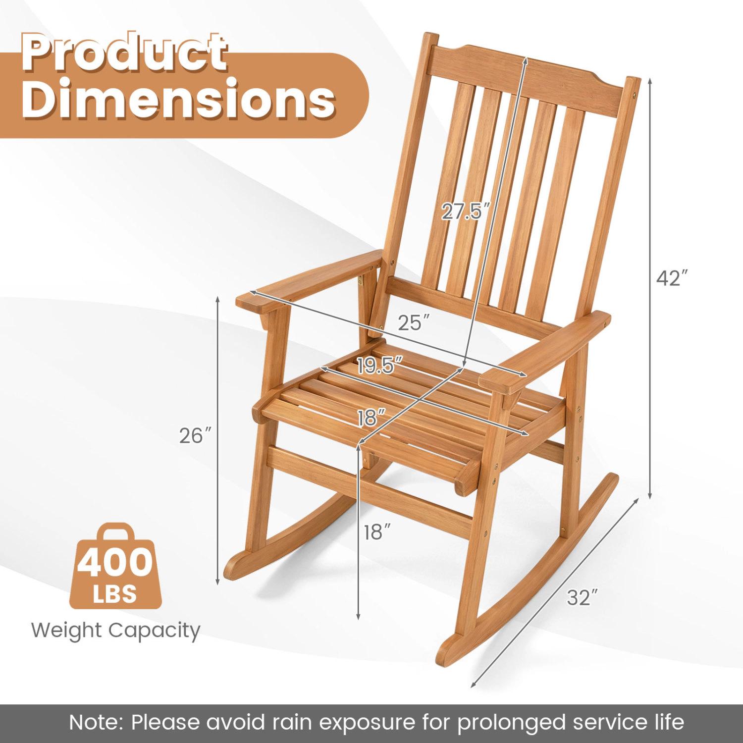 LJG Outdoor Acacia Wood Rocking Chair with High Back and Armrests for Patio