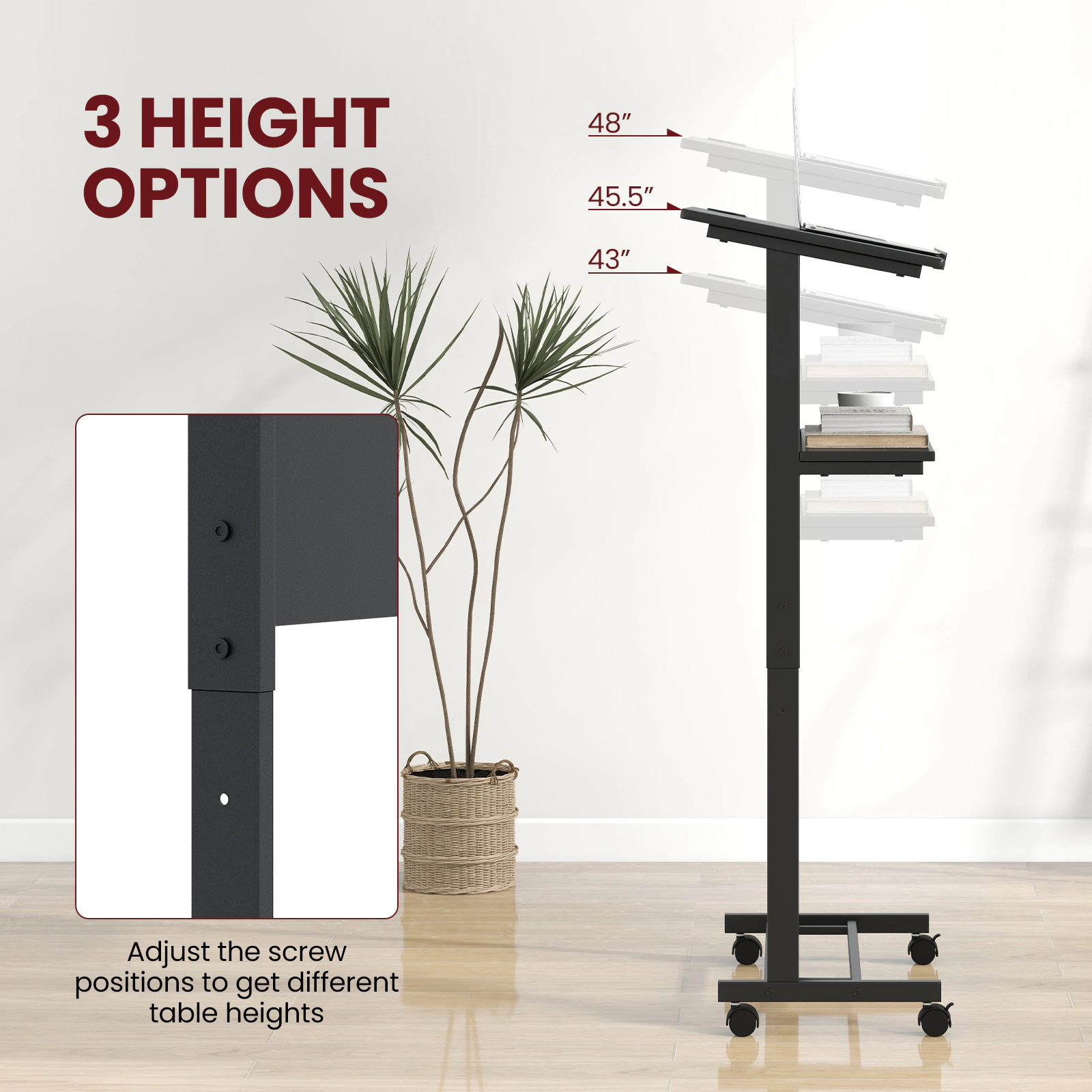 SUGIFT 3-Position Height Adjustable Lectern Lap Desk Table with Tilted Tabletop 45-lb Capacity with Storage Shelf Black