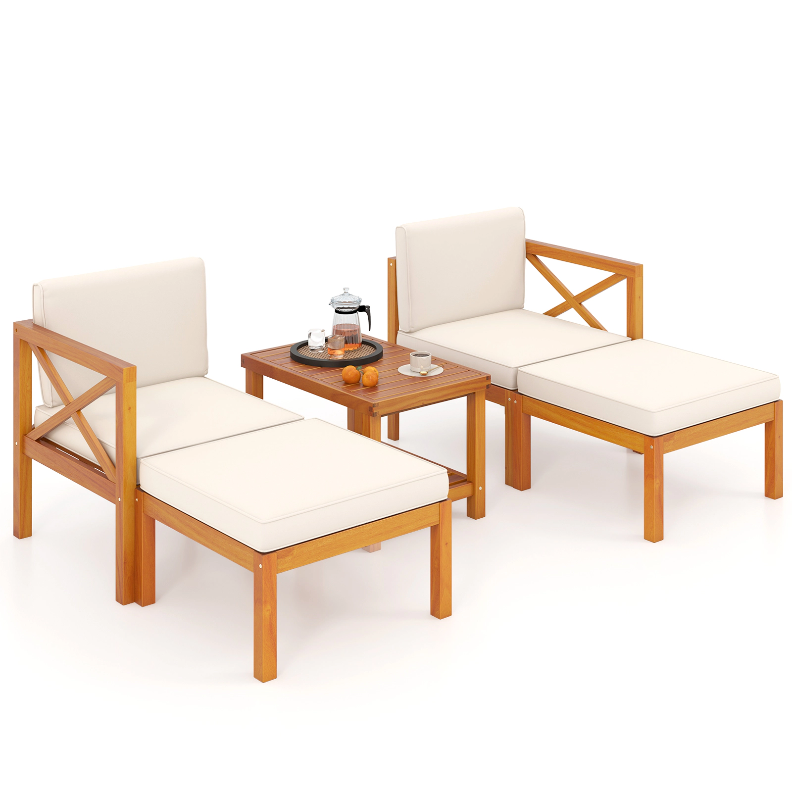 LJG 5 Pieces Acacia Wood Patio Lounge Chair Set with Ottomans and Cushions