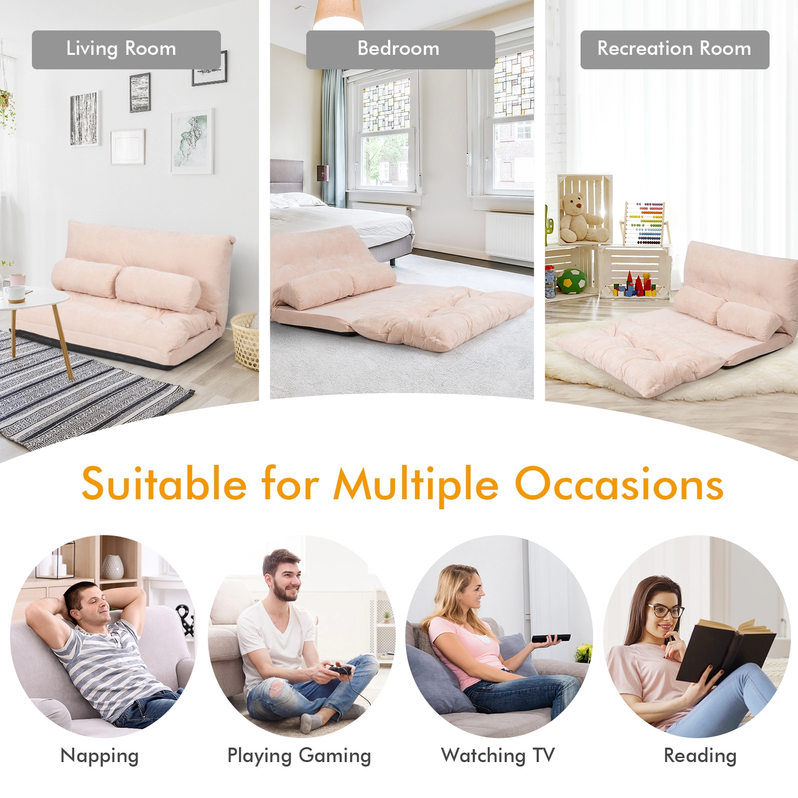 SUGIFT 6-Position Adjustable 330-lb Capacity Beige Corduroy Folding Floor Sofa Bed and Sleeper Couch