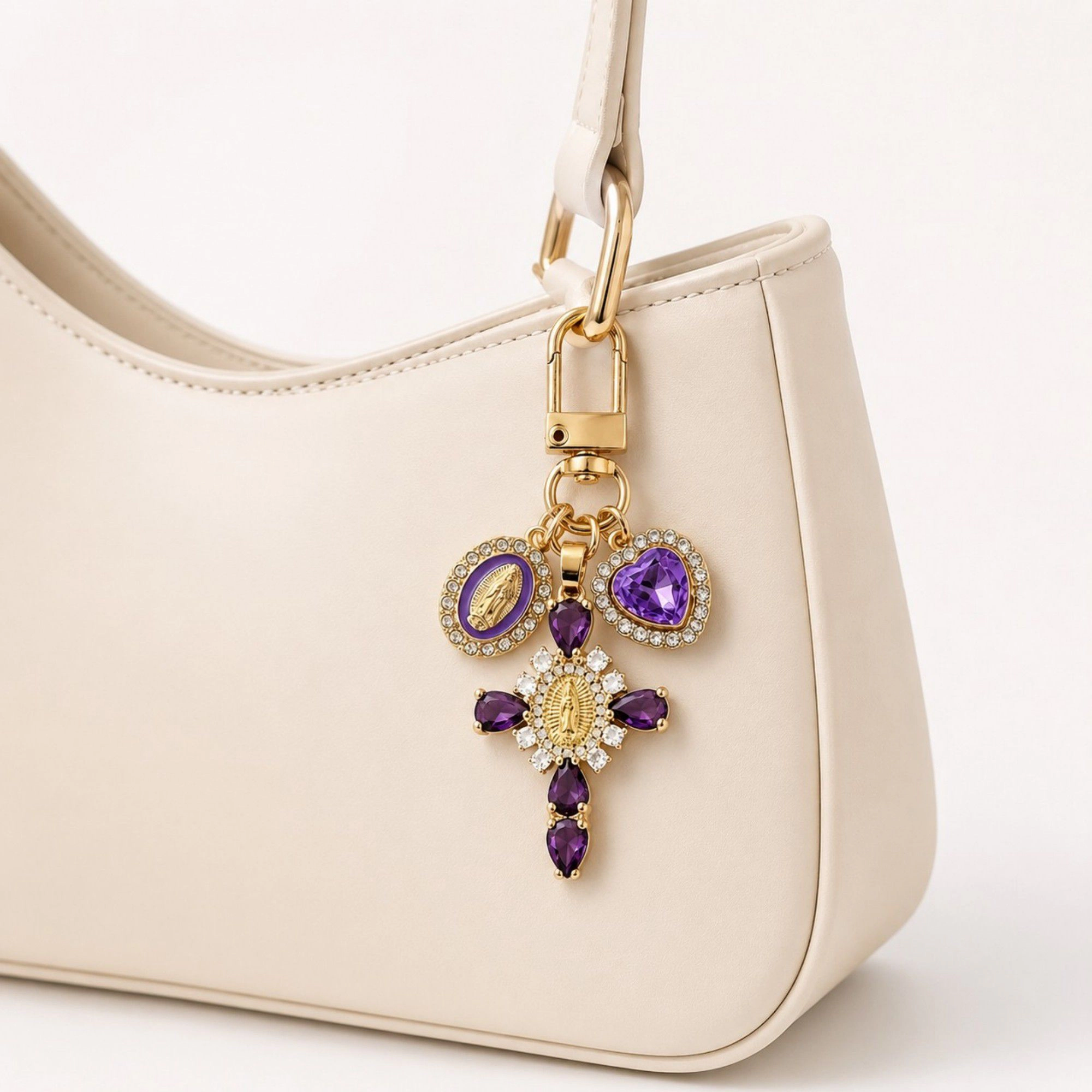 Alilang Women's 3pc Cross Keychain Bag Charm with Rhinestone Heart Pendant and Medallion Accent