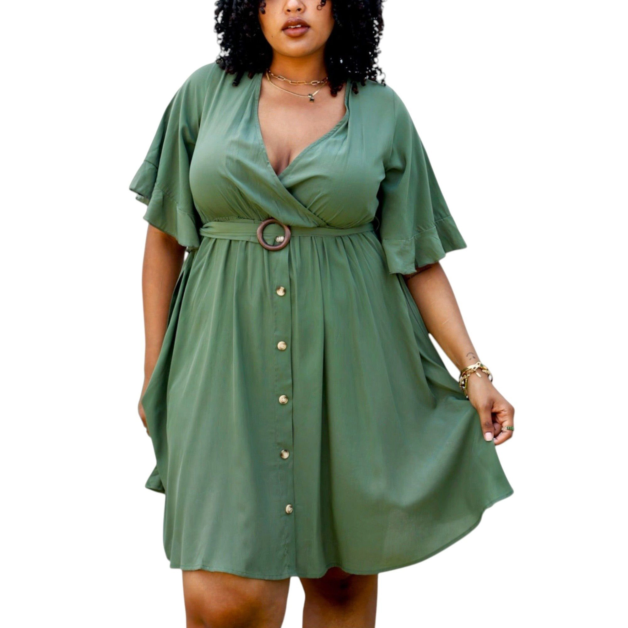 Anna-Kaci Women's Plus Short Sleeve Button-Down Dress with Flowy Skirt and Waist Belt