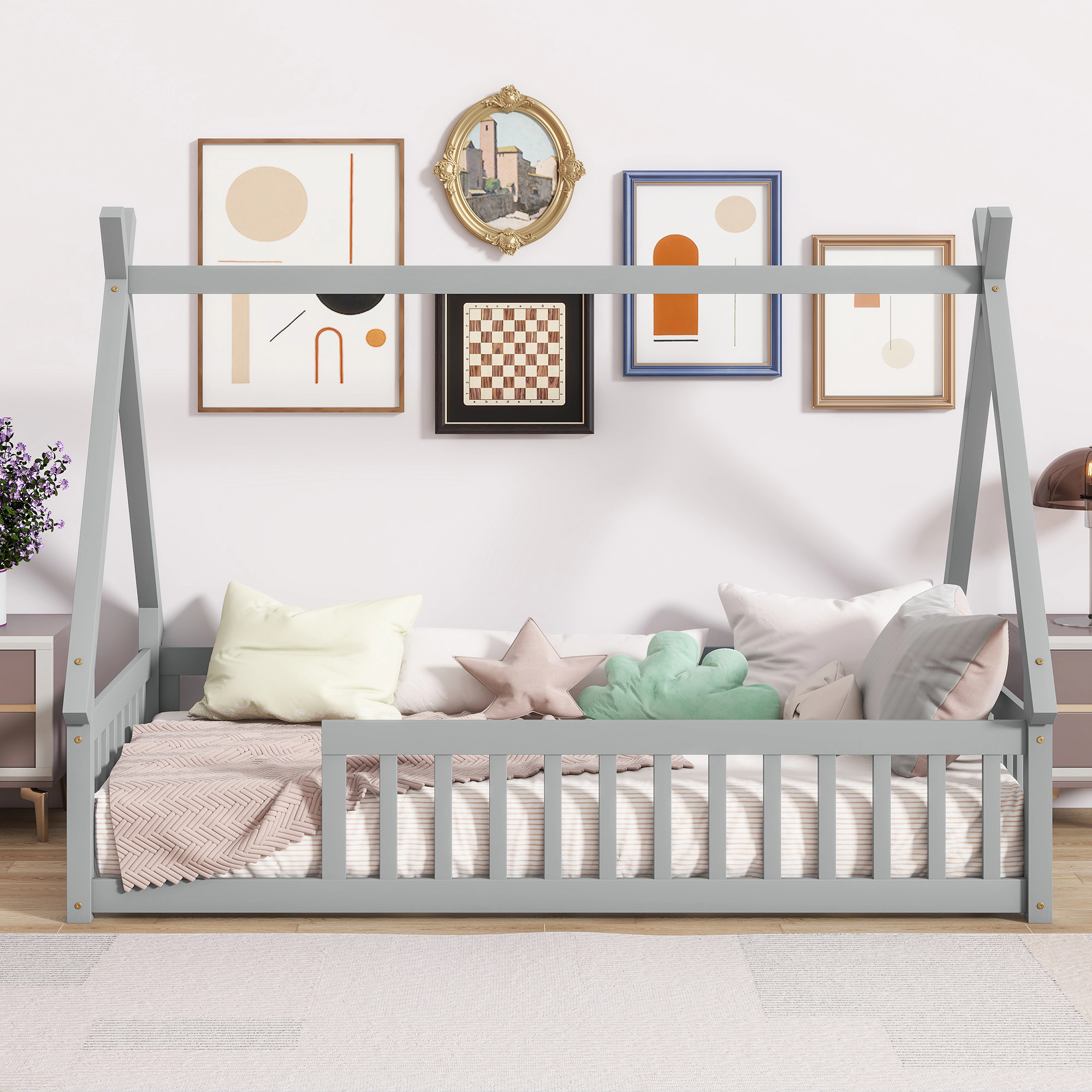 Tinyhomie Twin Tentshaped Floor Bed Teepee with Guardrails Slats Grey