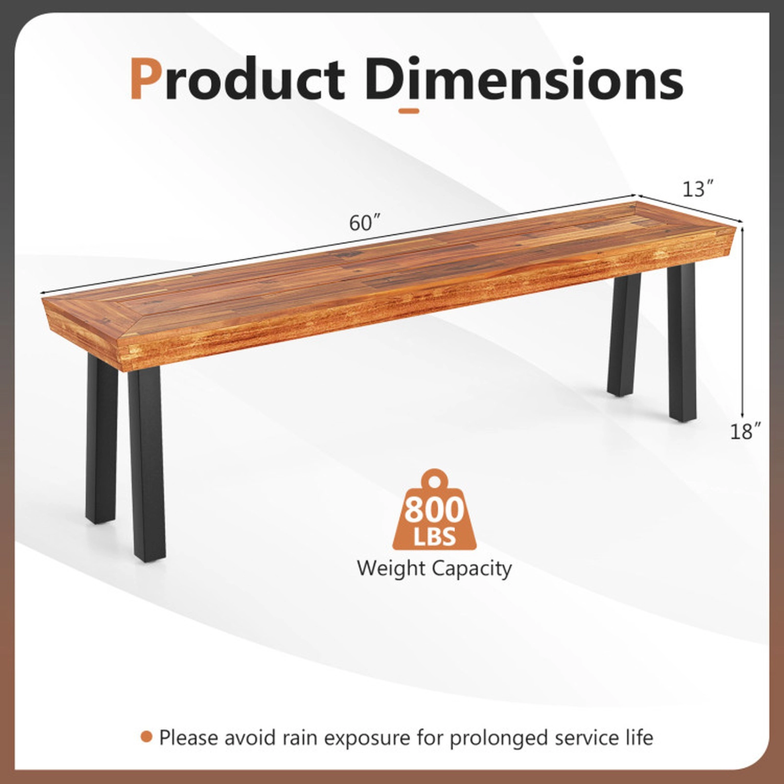 SUGIFT Backless Outdoor Garden Bench with Metal Frame 800-lb Capacity for 2-3 People Brown