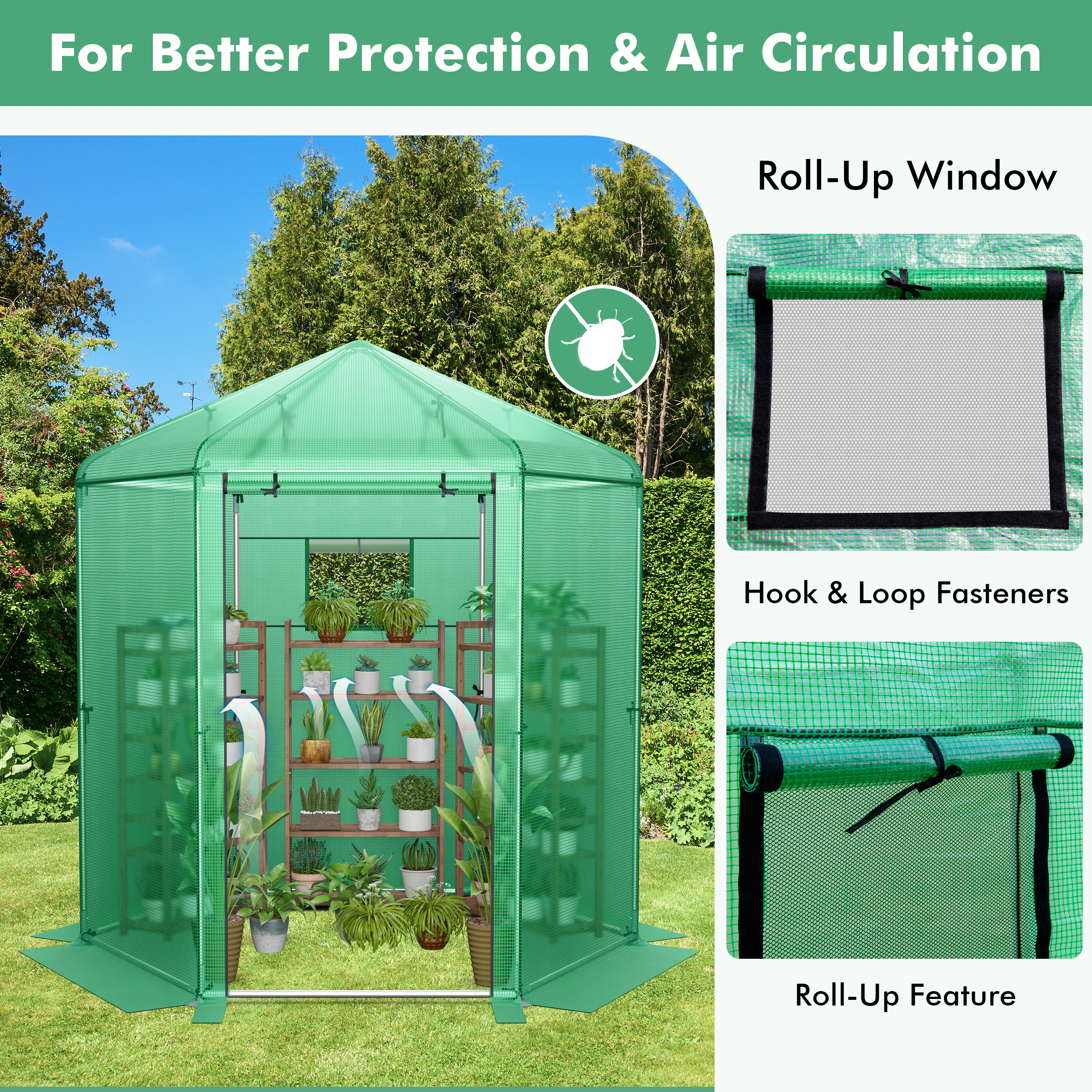 SUGIFT Walk-In Hexagonal Greenhouse Green 85 x 72 x 90 in with PE Cover and Metal Frame