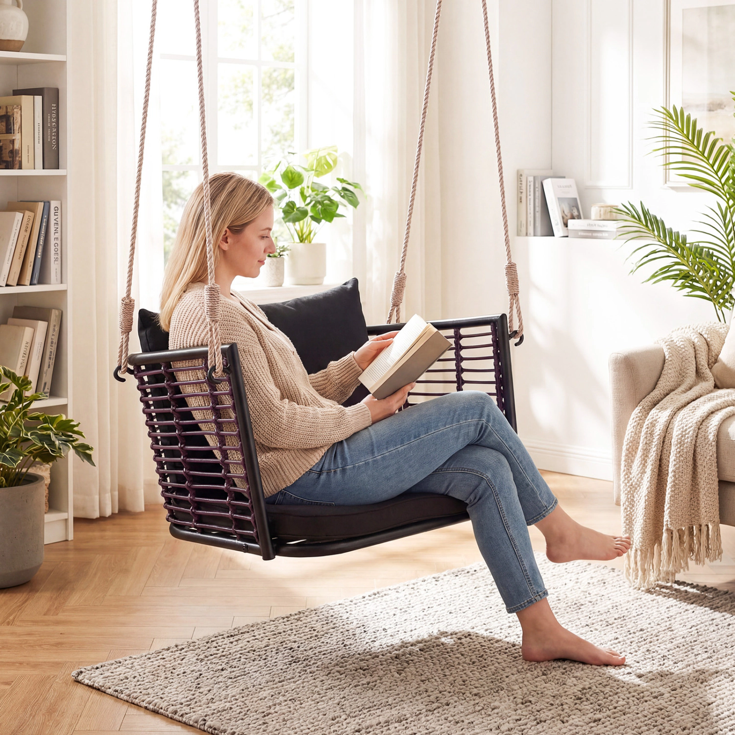 LJG Single Person Hanging Seat with Woven Rattan Backrest for Backyard