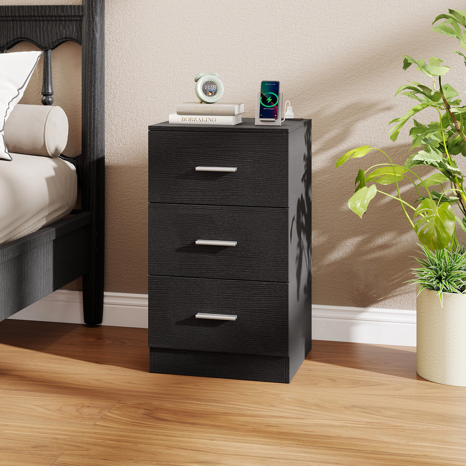 Hivvago Bedside Table with Charging Station and 3 Drawers
