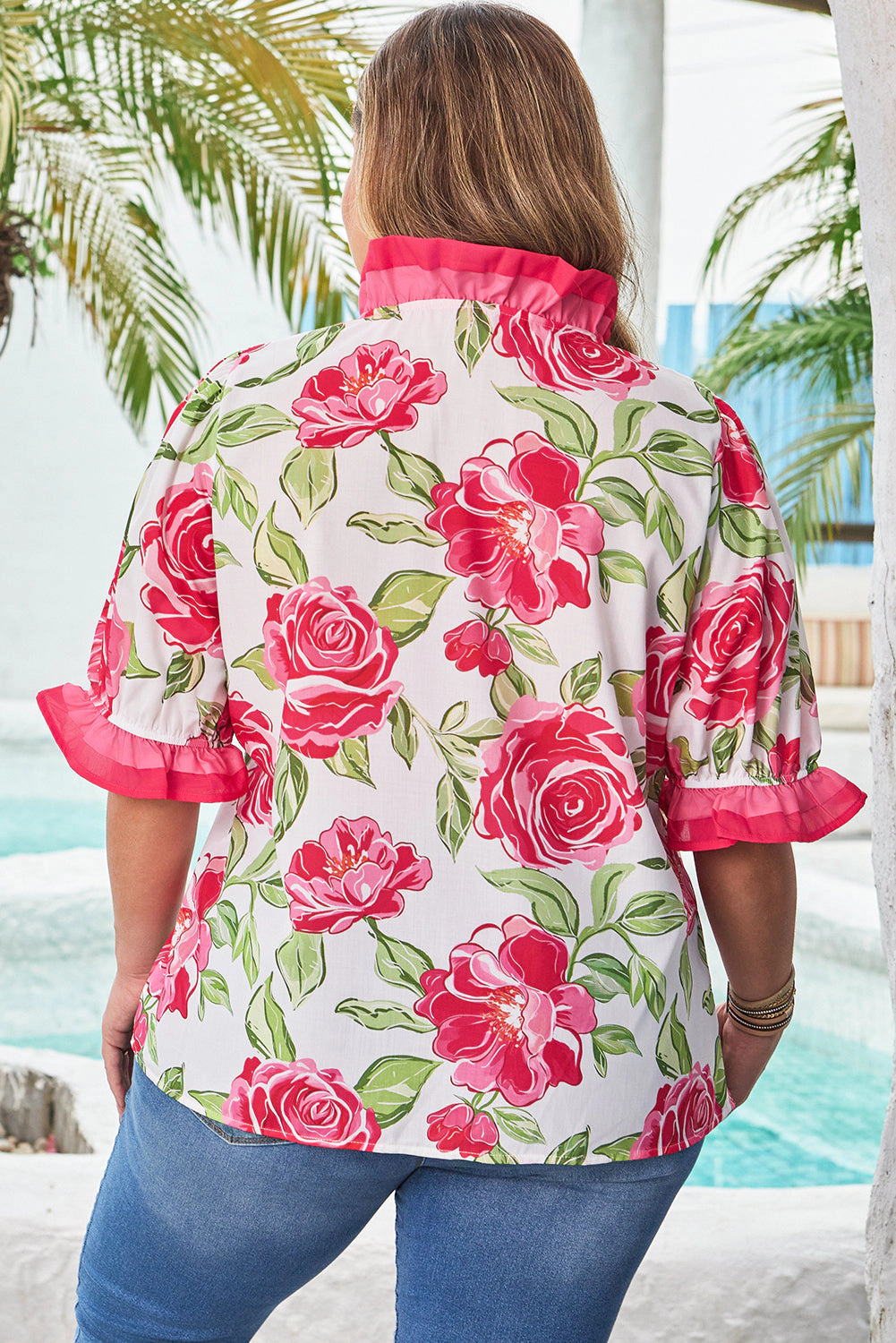 Threaded Pear Women's Elise Plus Floral Frilled Stripes Blouse