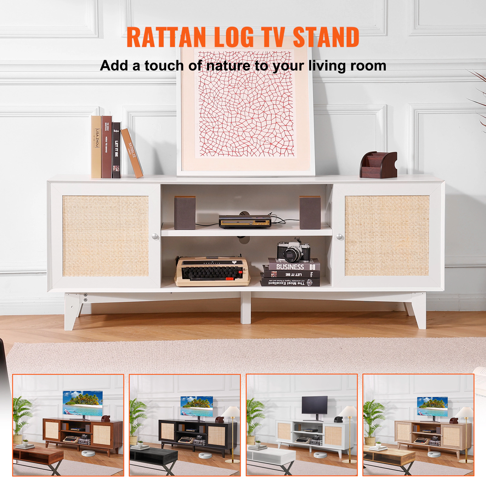 HONGGE Rattan TV Stand for TV Boho TV Stand with Rattan with Build-in Socket Modern TV for Living Room Media Room