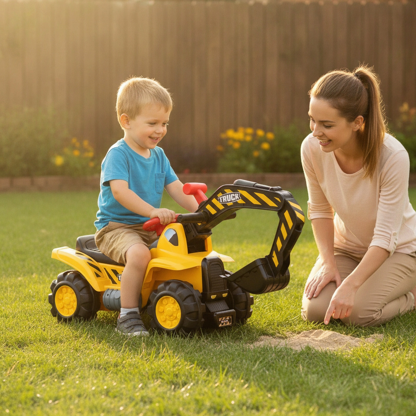3-in-1 Kids Ride On Excavator Bulldozer Push Car Dual Levers Engine Sound Safety Hat 35-in Digger Ages 2+ 55-lb Load
