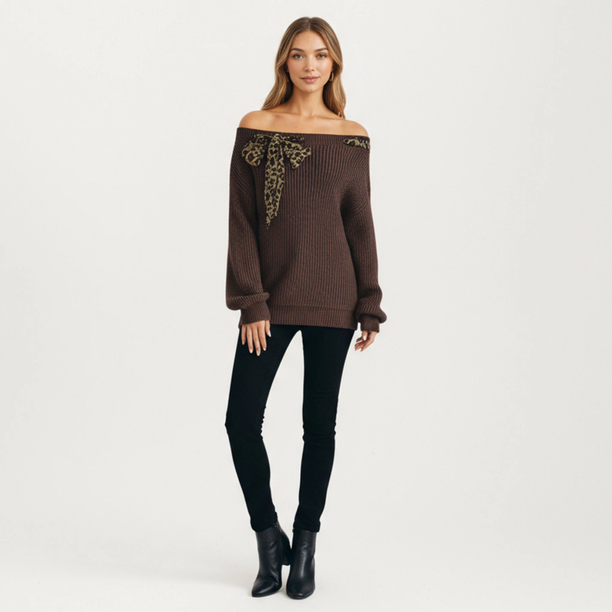 Anna-Kaci Women's Off-Shoulder Knit Sweater with Leopard Print Bow Detail